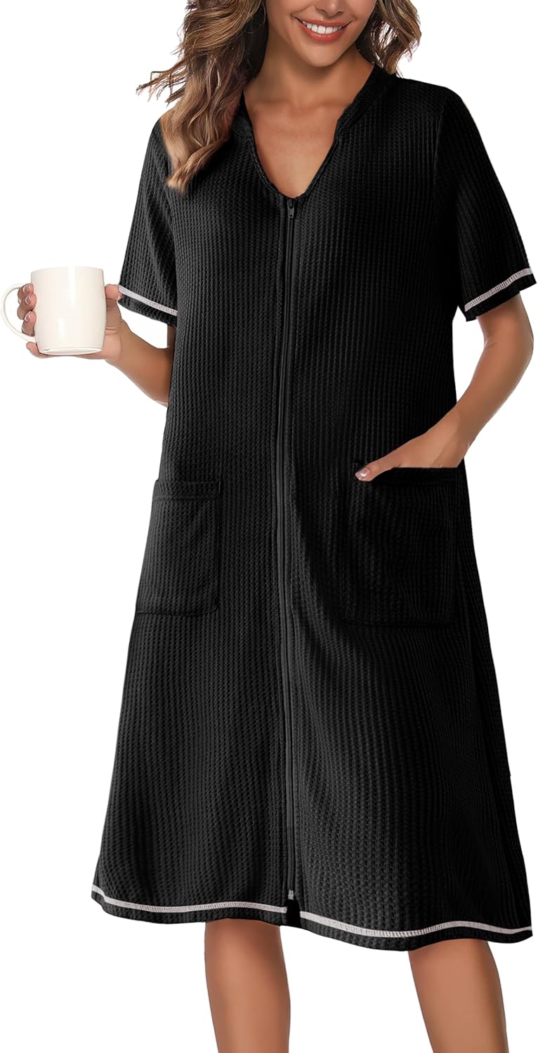 Ekouaer Zipper Robes for Women Waffle Knit Bathrobes Short Lightweight Knee Length Loungewear with Pockets S-XXL - Image 7