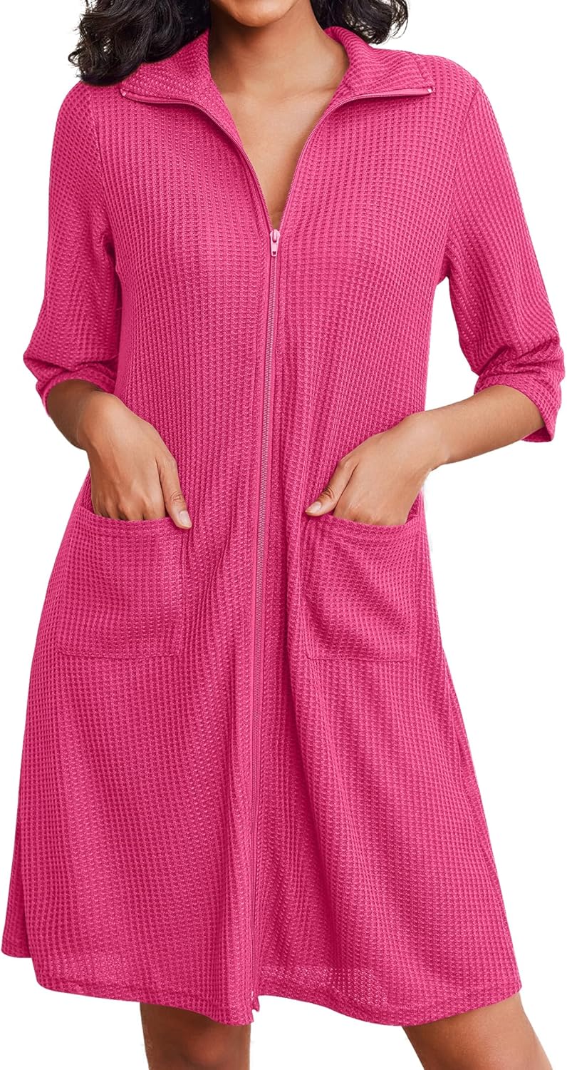 Ekouaer Zipper Robes for Women Waffle Knit Bathrobes Short Lightweight Knee Length Loungewear with Pockets S-XXL - Image 8