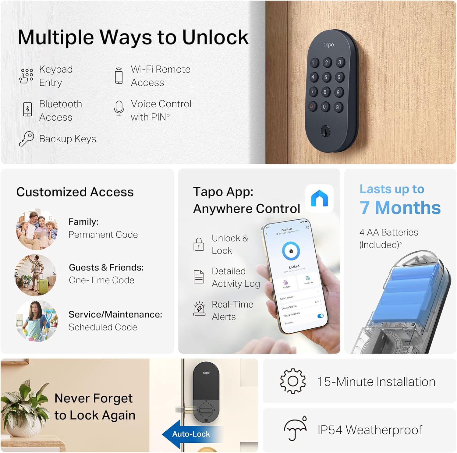 Alternative view of Tapo Smart Wi-Fi Deadbolt Door Lock u2013 Keyless Tactile Buttons, Customized Access with in-App Monitoring, Auto-Lock, IP54 Weatherproof, BHMA Grade 3, Compatible with Standard Door Sizes, Tapo DL100