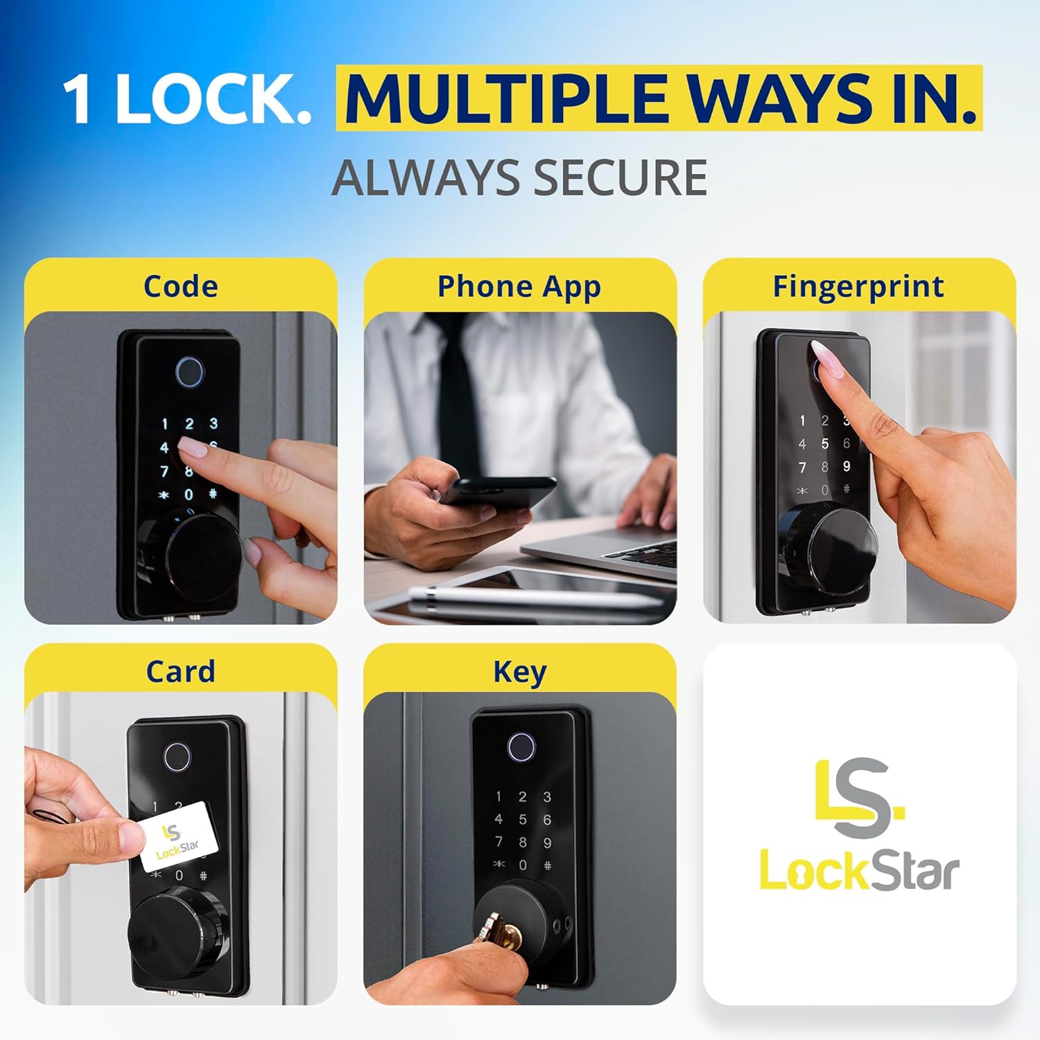 LOCKSTAR® Smart Door Lock u2022 Keyless Entry Deadbolt Door Lock u2022 Multiple Entry Methods u2013 APP u2022 Fingerprint Touch ID u2022 Keypad Code u2022 Card FOB u2022 Traditional Key u2022 Smart Home Devices
