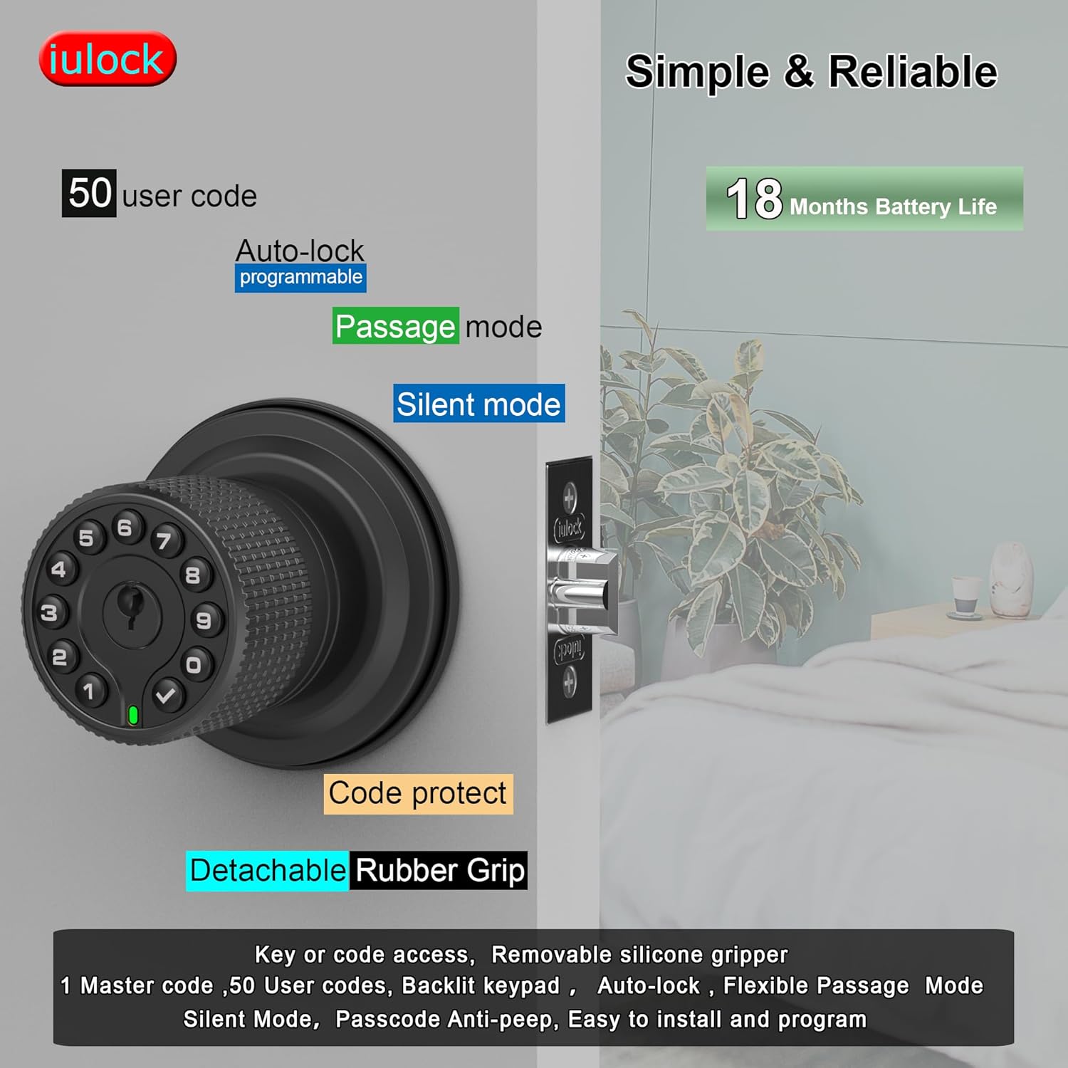 iulock Keypad & Key Smart Door Lock, 50 User Codes, Waterproof, Auto Lock - Matte Black