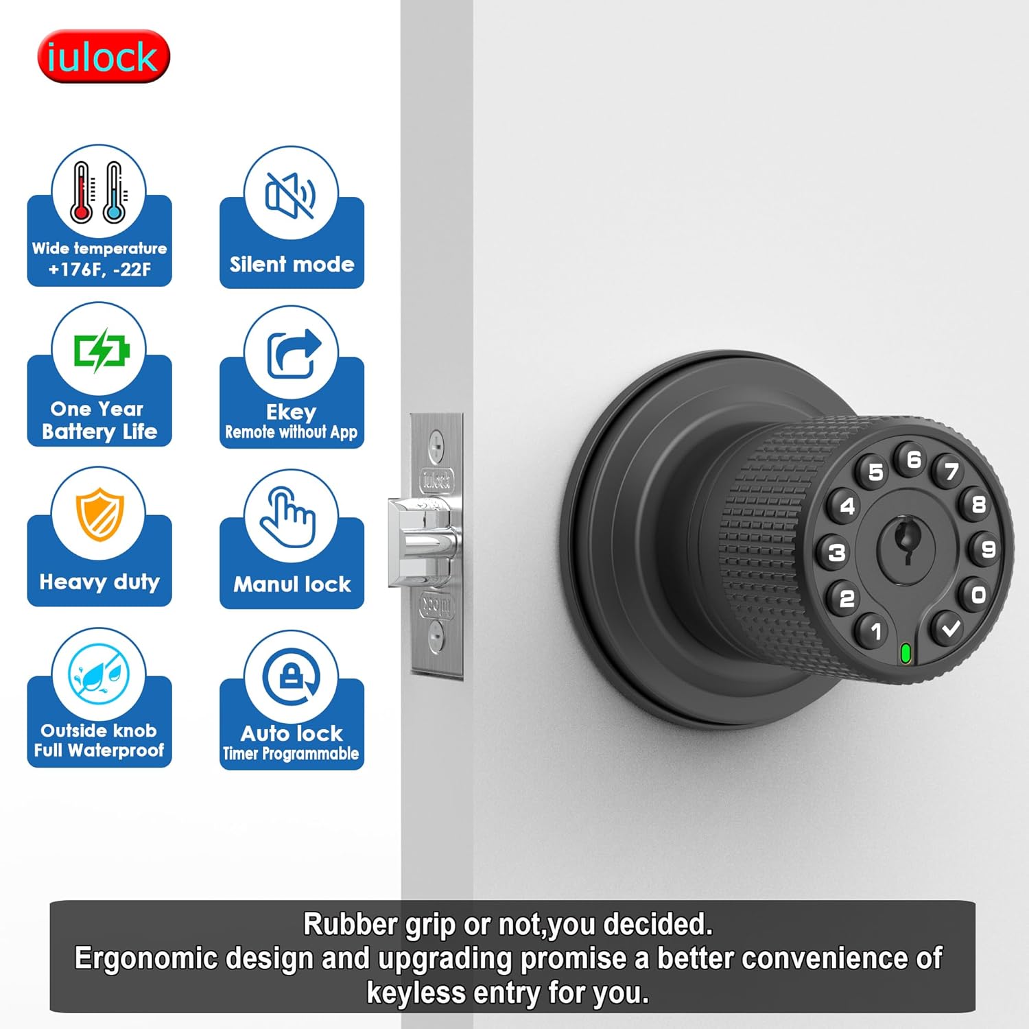Alternative view of iulock Keypad & Key Smart Door Lock, 50 User Codes, Waterproof, Auto Lock - Matte Black