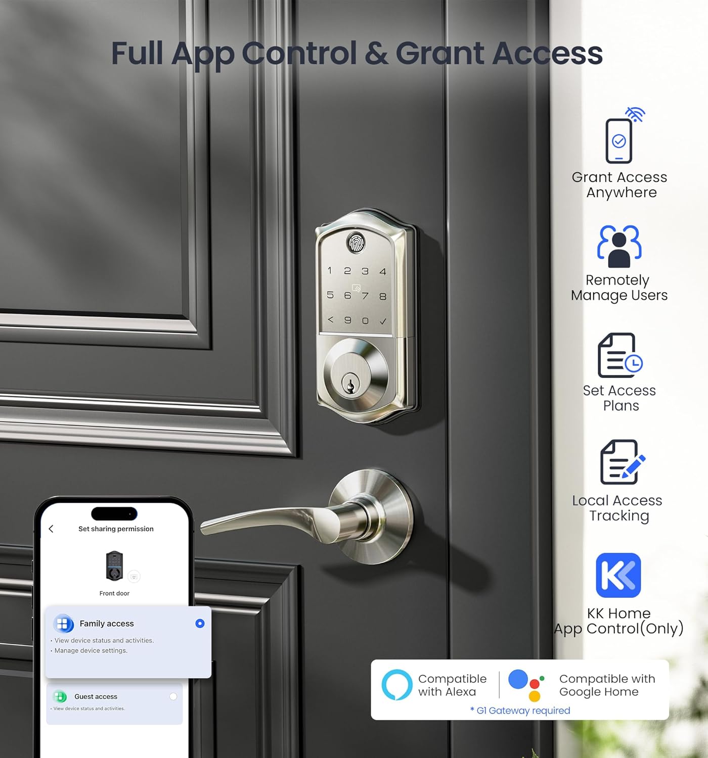 Veise VE017 Fingerprint Smart Door Lock, App Control, 8-in-1 Keyless Entry, Auto Lock, Emergency Power Port, Electronic Touchscreen Keypad, Biometric Smart Locks for Front Door, Satin Nickel