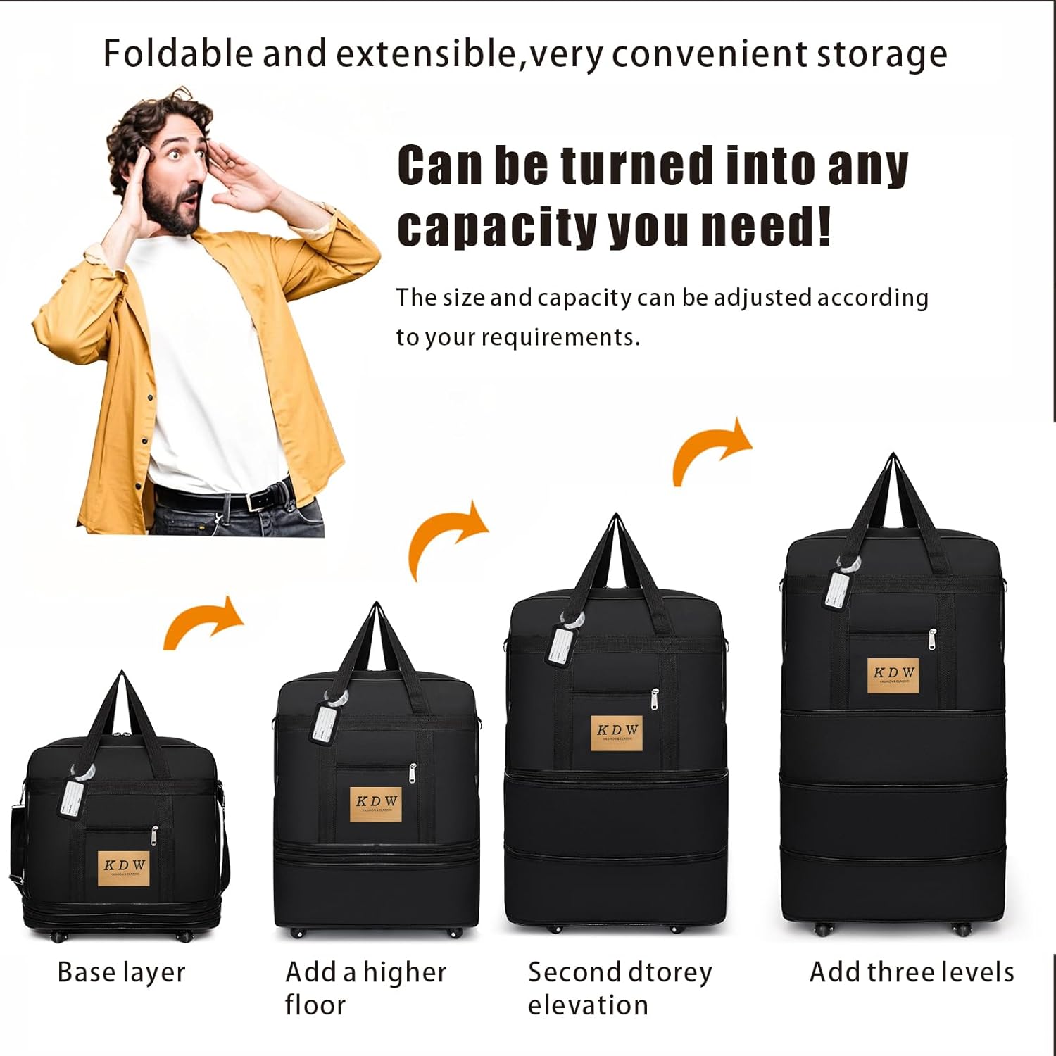 Alternative view of kooldaiwangwang Foldable Travel Bag with Wheels, Extendable Tote Bag, Roller Expandable Luggage Compartment, Large Capacity Lightweight Luggage Bag, Waterproof for Men and Women(Black)