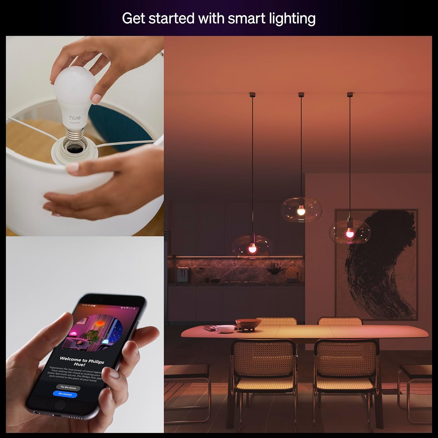Alternative view of Philips Hue Essential Smart LED A19 Bulb, White and Color Ambiance, E26 Base, 8.8W, 2200K-6500K, 800 Lumens, Dimmable, Works with Alexa, Google, and Apple Home, 4-Pack