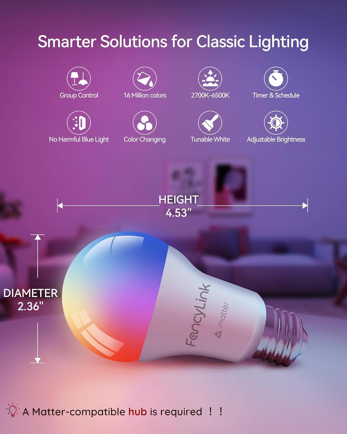Alternative view of Fancylink Matter Smart Light Bulbs, Color Changing Light Bulb, hub Required, A19 60W,2.4Ghz WiFi only,Compatible with Alexa Google Assistant, Apple Home,16 Million Colors RGBCW 800 Lumens,4 Packs