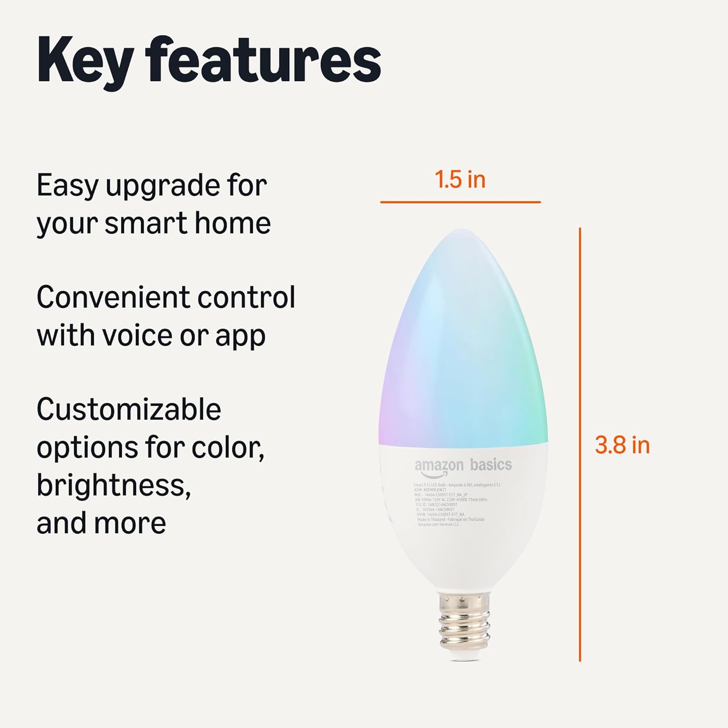Amazon Basics Smart E12 LED Bulb, 6.0 Watts, 2.4 GHz Wi-Fi only, Works with Alexa Only, 2 Pack, Multicolor