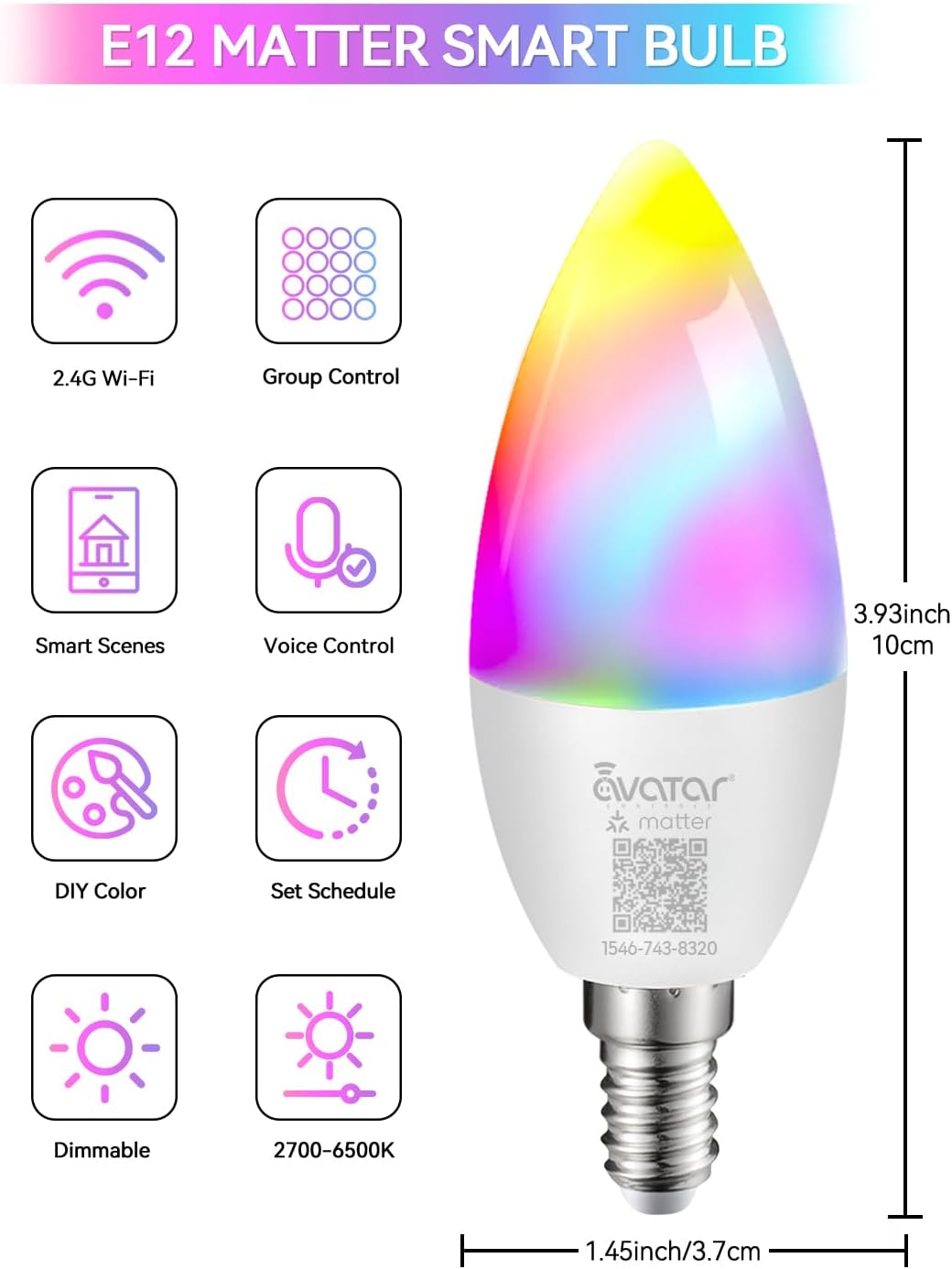 Matter E12 Smart Bulb, No Extra App Needed! RGBCW WiFi Bulb Compatible with Apple Home/Siri, Alexa & Google. Timer & Group Control, Perfect for Bedroom/Living Room Lamps, Candelabra Base