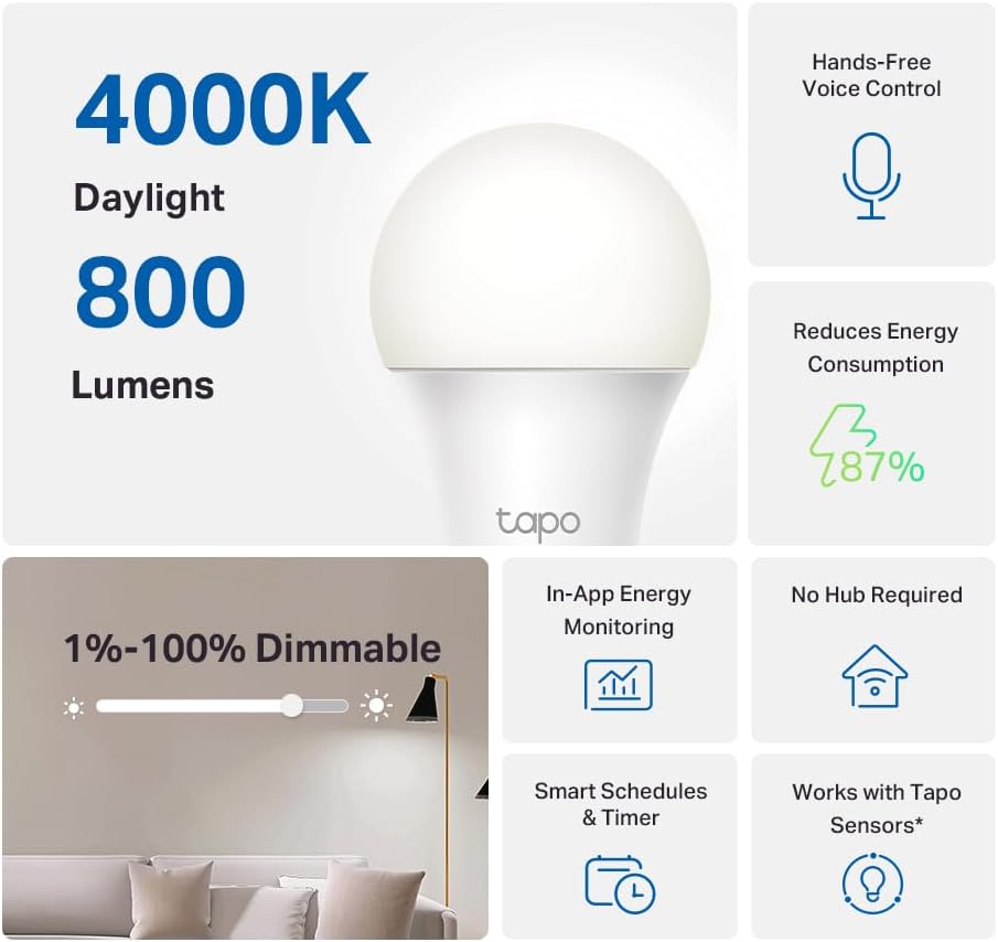 Tapo TP-Link Smart Light Bulbs - Natural Daylight, Dimmable, Compatible w/Alexa and Google Home, A60 Bulb/E27 Base, 60W Equivalent, 800LM CRI>90, 2.4GHz WiFi Only, No Hub Required, L520E(4-Pack)