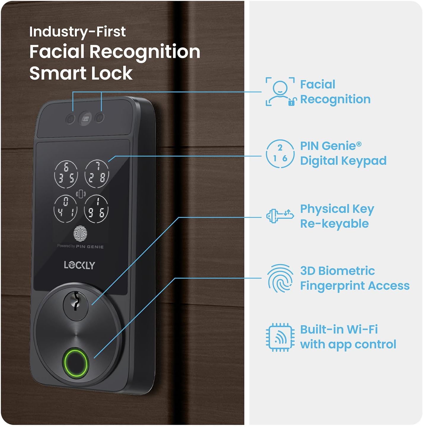 Alternative view of Lockly Visage Facial Recognition Smart Lock, Zeno Series, Fingerprint Keyless Entry Door Lock, Built-in Wi-Fi Deadbolt with Apple Home Key, PIN Genie Keypad, App Remote Control, Easy Installation