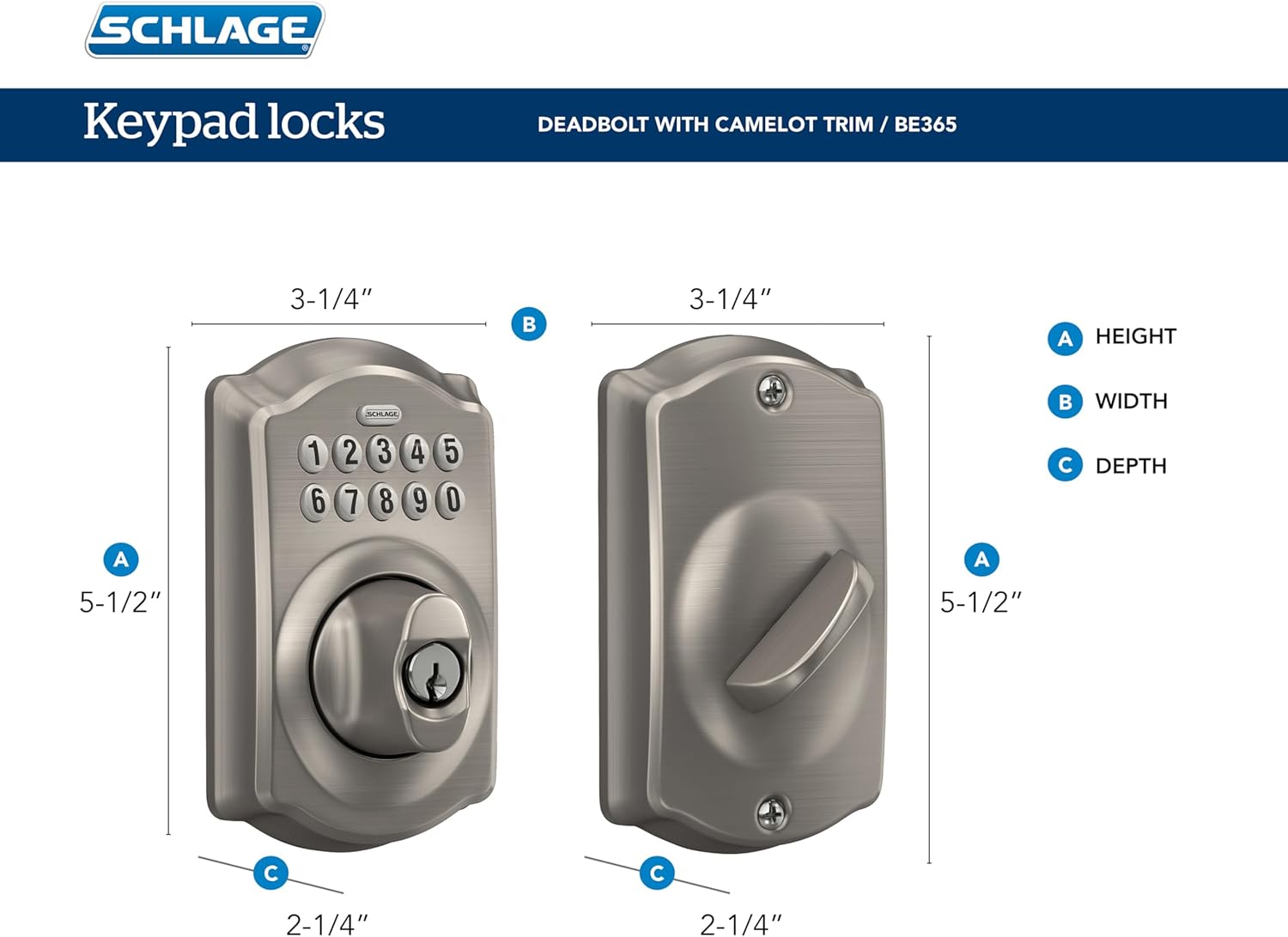 Schlage BE365 V CAM 619 Camelot Keypad Deadbolt, Electronic Keyless Entry Lock, Satin Nickel