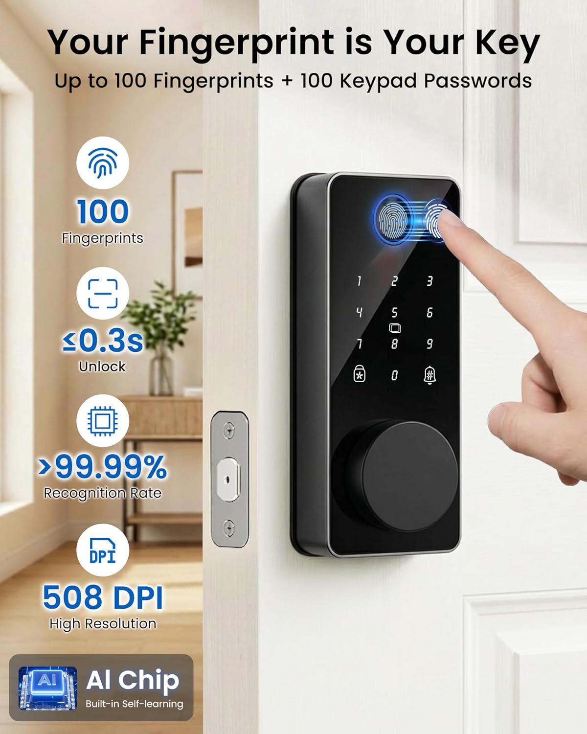 Alternative view of Smart Lock, Fingerprint Keyless Entry Door Lock App Control, Electronic Touchscreen Keypad, Auto Locking, IP54 Weatherproof, Easy Install Digital Deadbolt for Front Door