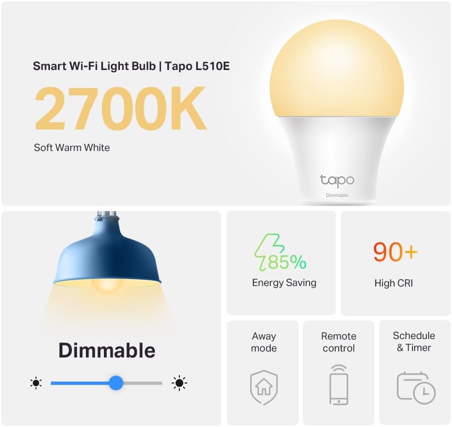 Tapo TP-Link Smart Light Bulbs, 800 Lumens (60W Equivalent), 2700K Soft Warm White LED Bulb, Dimmable, Compatible with Alexa and Google Home, No Hub Required, A19 E26, L510E (4-Pack)