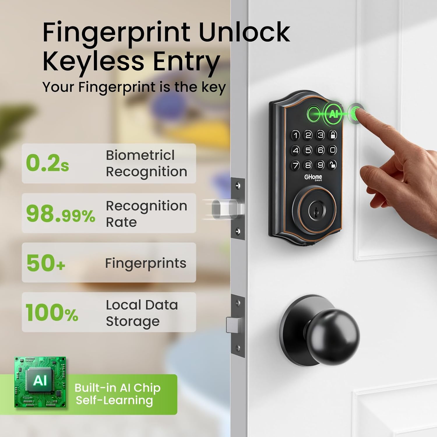 Alternative view of GHome Smart Deadbolt Lock, Fingerprint Code Keyless Entry Door Lock for Front Door, Auto Lock, App Control, Digital Keypad deadbolt, Smart Door Lock for Home Airbnb Apartment Hotel Garage, Black