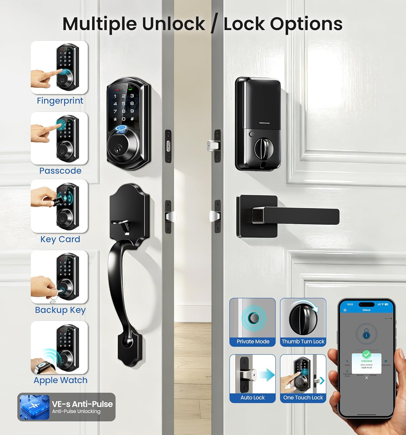 Veise VE07-H Fingerprint Smart Locks for Front Door with Handle Set, App Control, Keyless Entry Keypad Deadbolt, Digital Electronic Touchscreen, Easy Install, Auto Lock, Matte Black