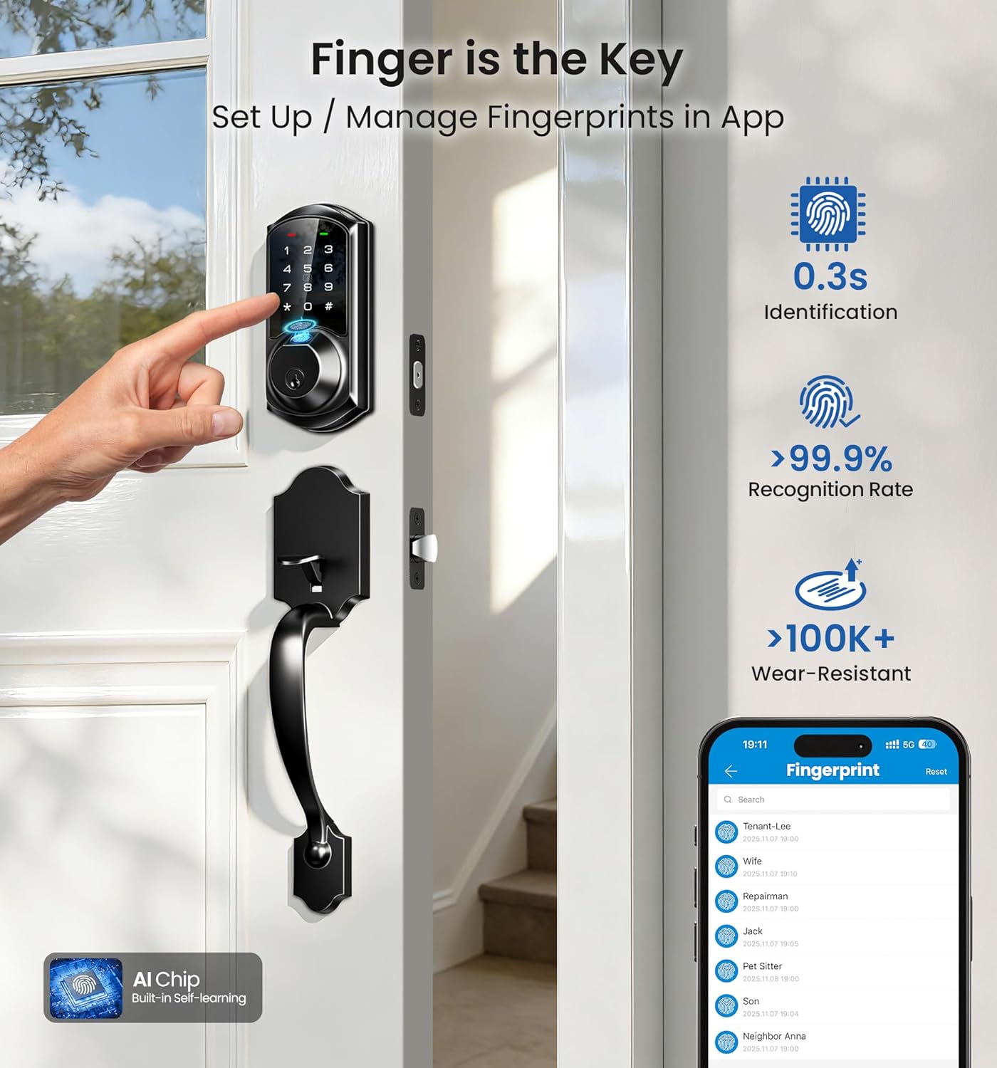 Alternative view of Veise VE07-H Fingerprint Smart Locks for Front Door with Handle Set, App Control, Keyless Entry Keypad Deadbolt, Digital Electronic Touchscreen, Easy Install, Auto Lock, Matte Black