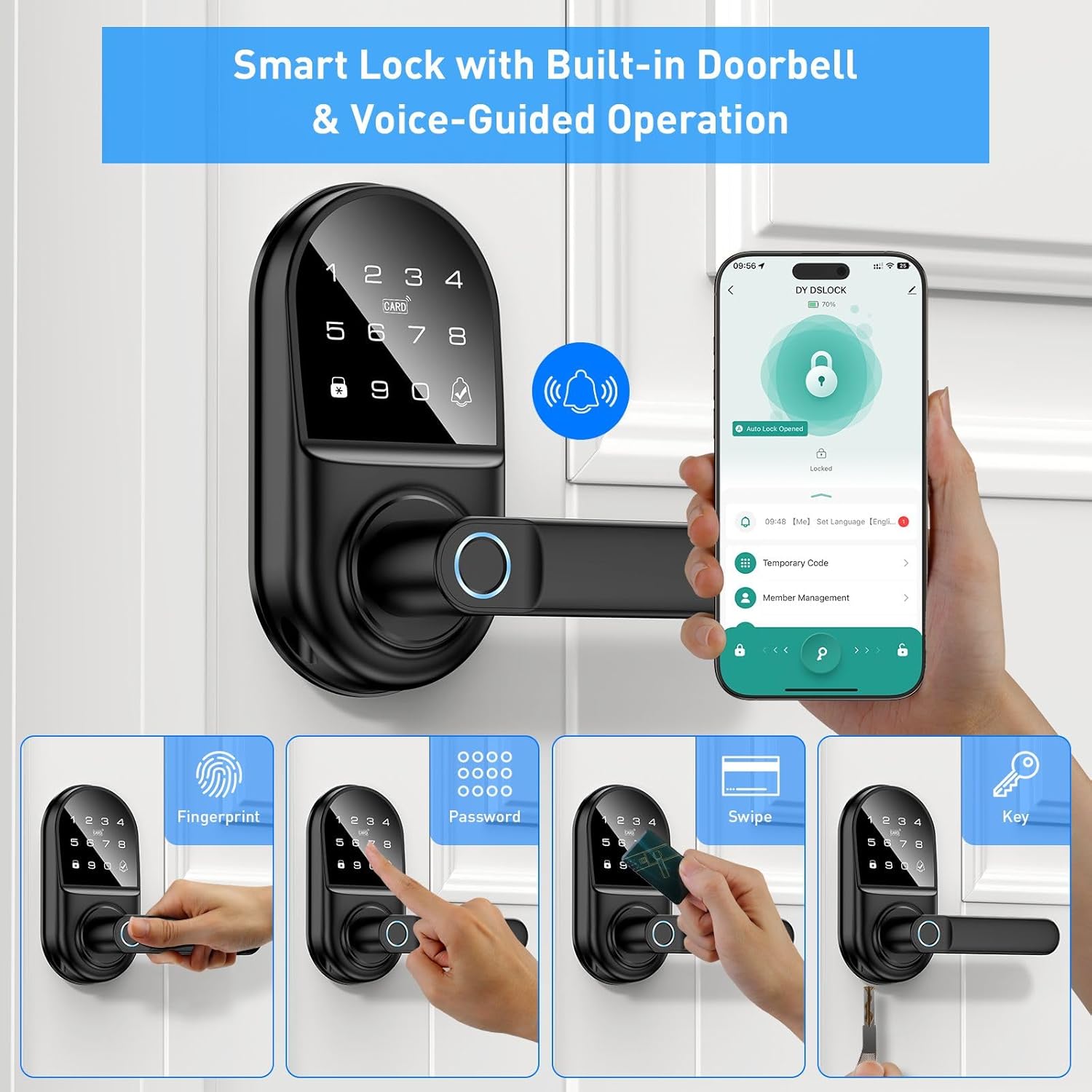 Smart keypad Door Lock with Handle，Fingerprint Keyless Entry Digital Lock with Built-in doorbell for Front Door,Bedroom,biometric Door knob,with Gateway Remote APP Control