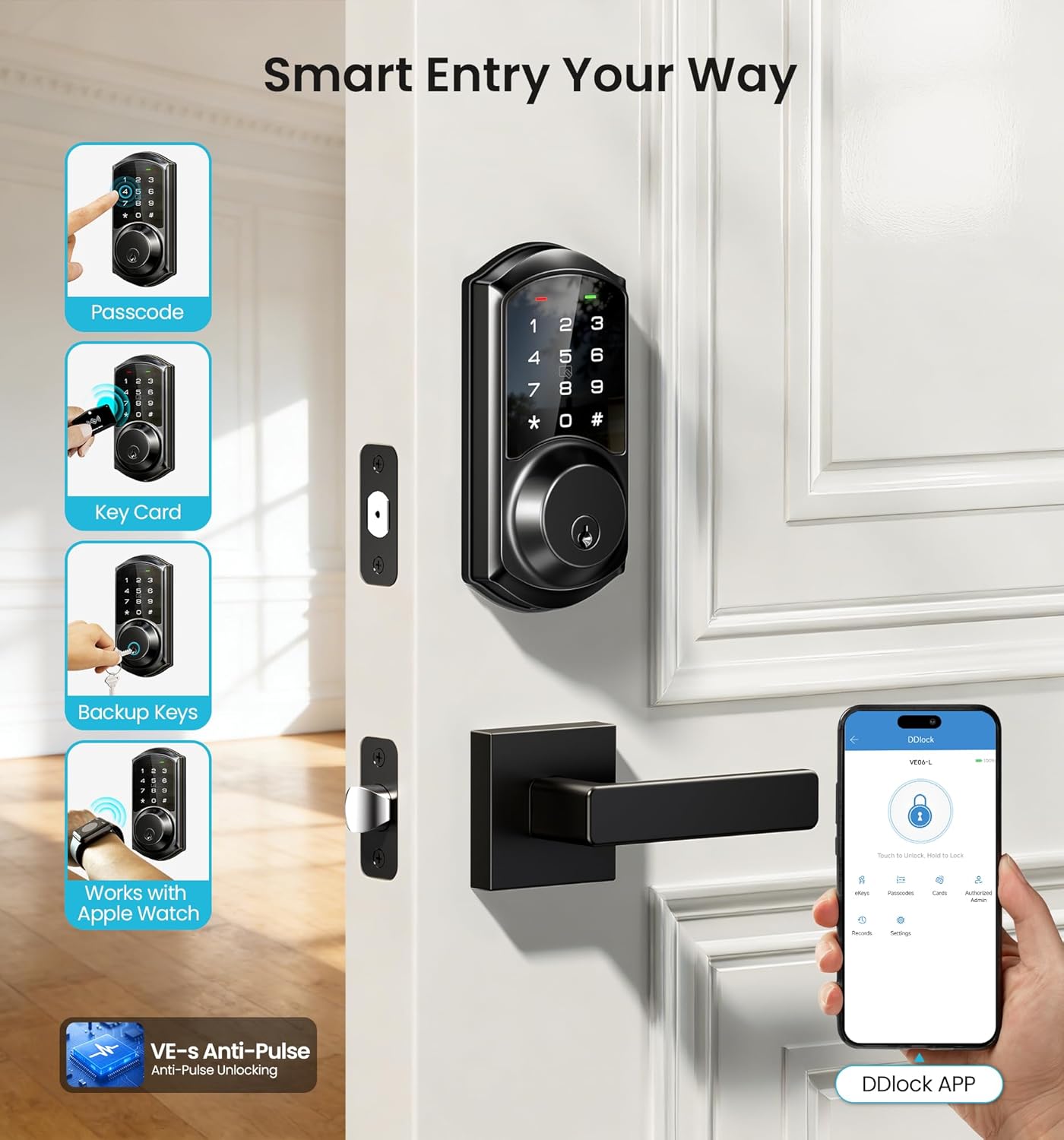Veise VE06-L Smart Locks with 2 Lever Handle Set, App Control, Keyless Entry Deadbolt for Front Door, Electronic Digital Touchscreen Keypad, Auto Lock, Waterproof, Easy Installation, Matte Black