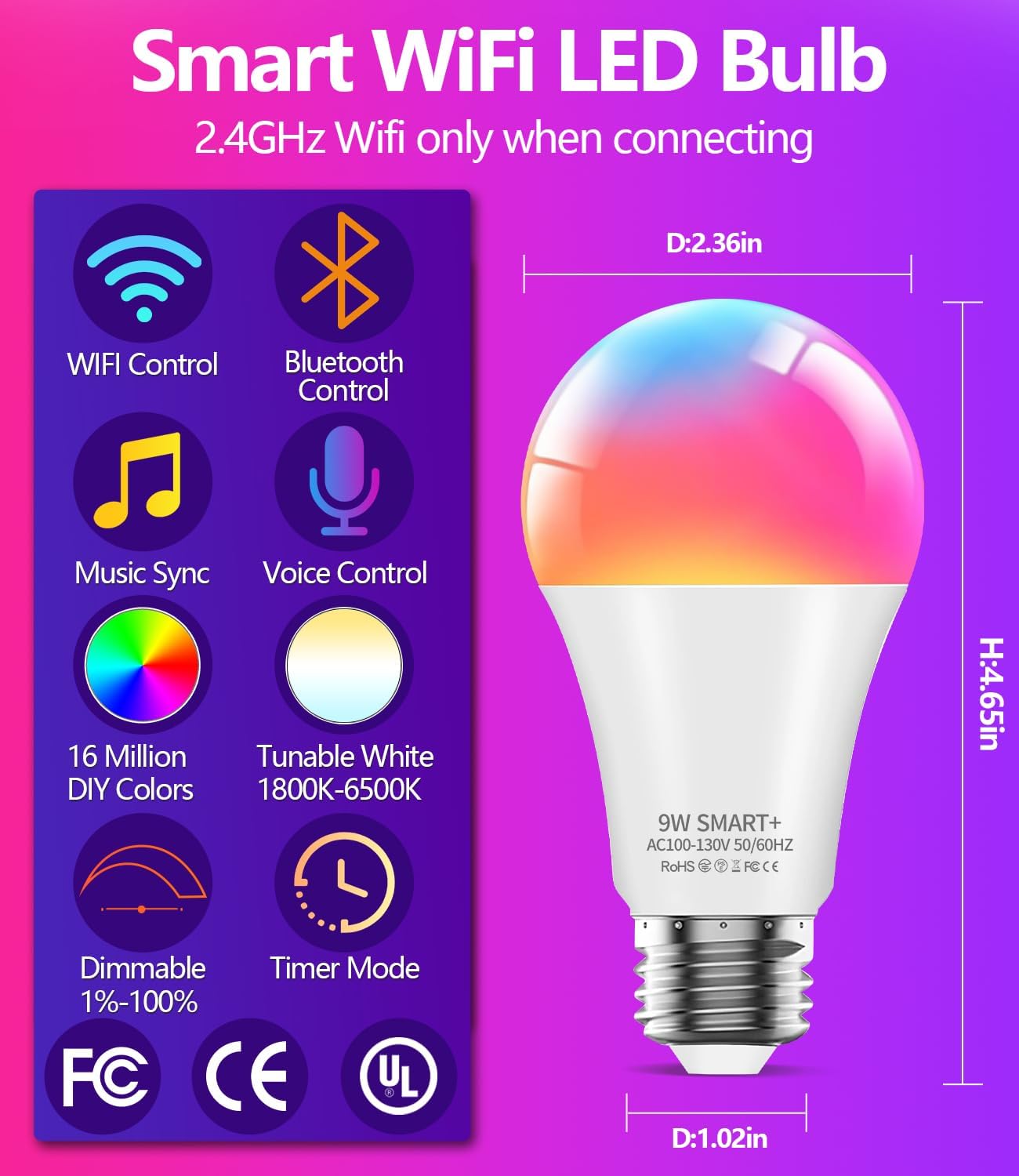 luckystyle Smart Light Bulbs, 9W A19 E26 800LM WiFi Bluetooth LED Bulbs Compatible with Alexa, Google Assistant & Home, 16 Million Colors Music Sync Color Changing Dimmable RGBWW Lights Bulb (4)
