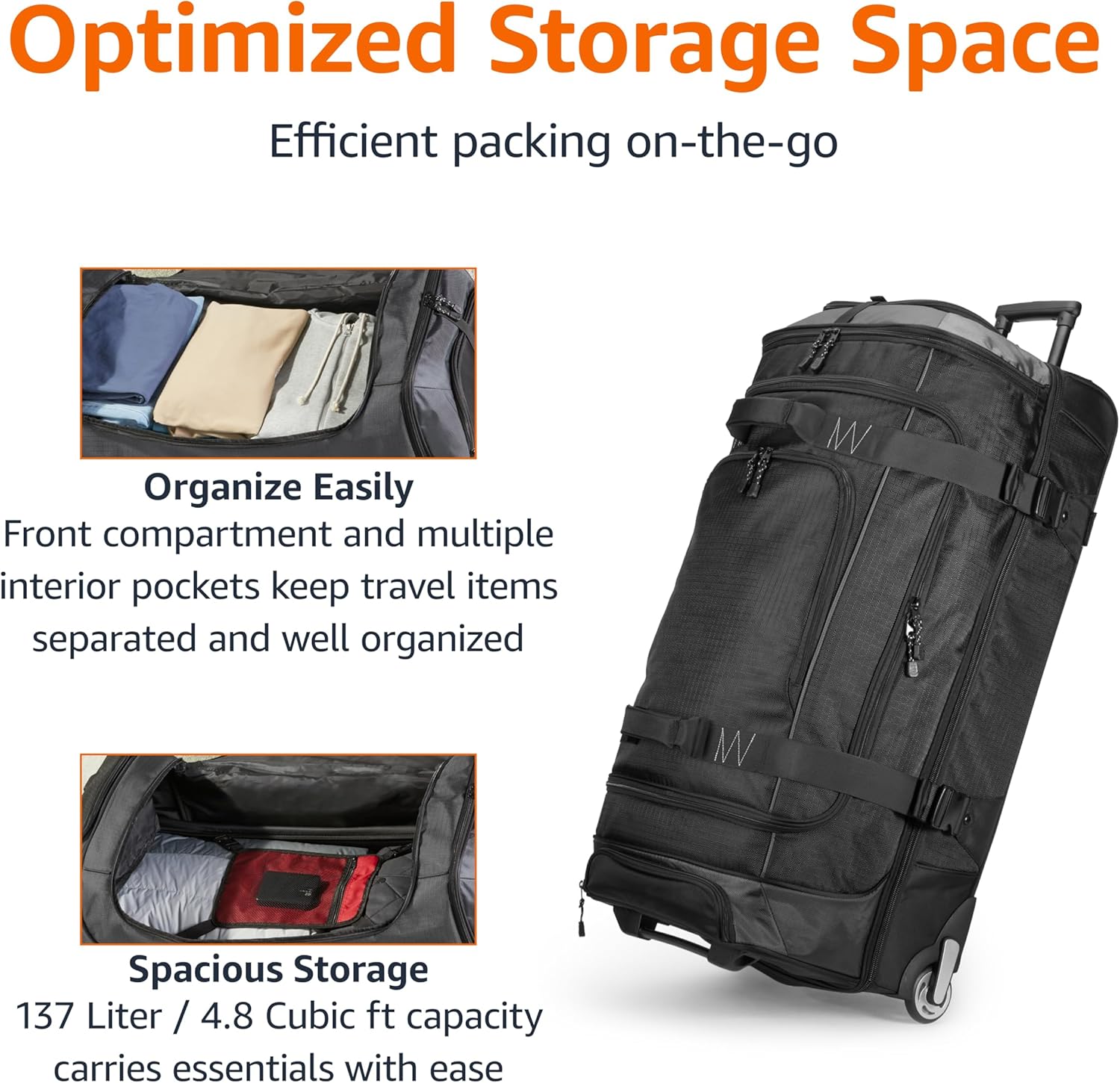 Alternative view of Amazon Basics 35-inch Large Rolling Duffle Bag with Wheels and Handle, Travel Duffle Bag with Durable Ripstop Polyester Material, 2 Layers of Space, Multiple Interior and Exterior Pockets, Black