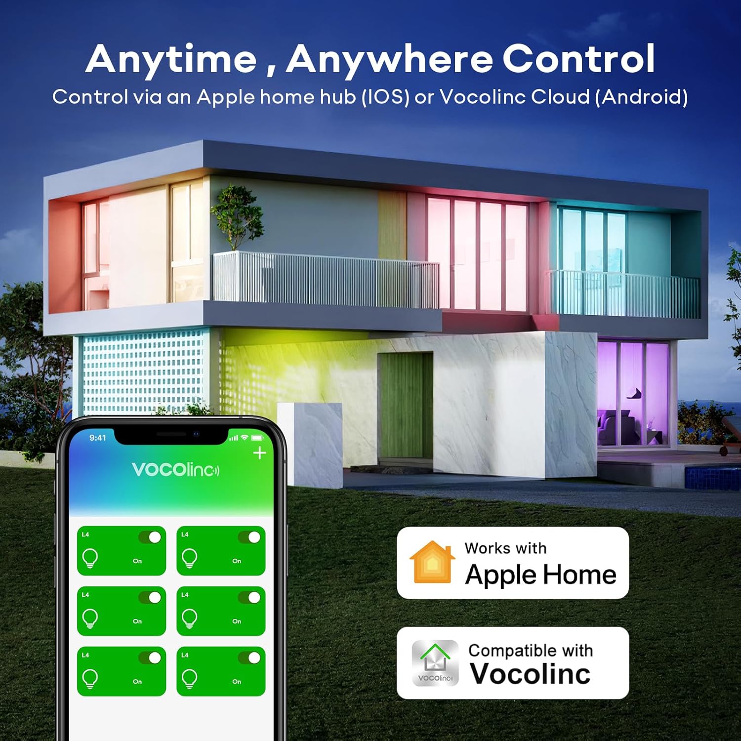 Alternative view of VOCOlinc Smart Light Bulb Works with Apple Homekit, Alexa, Google Home, Full Color Changing WiFi LED Bulbs, 850 Lumens Dimmable Multicolor 2200K-7000K, A21, 9.5W, 4 Pack