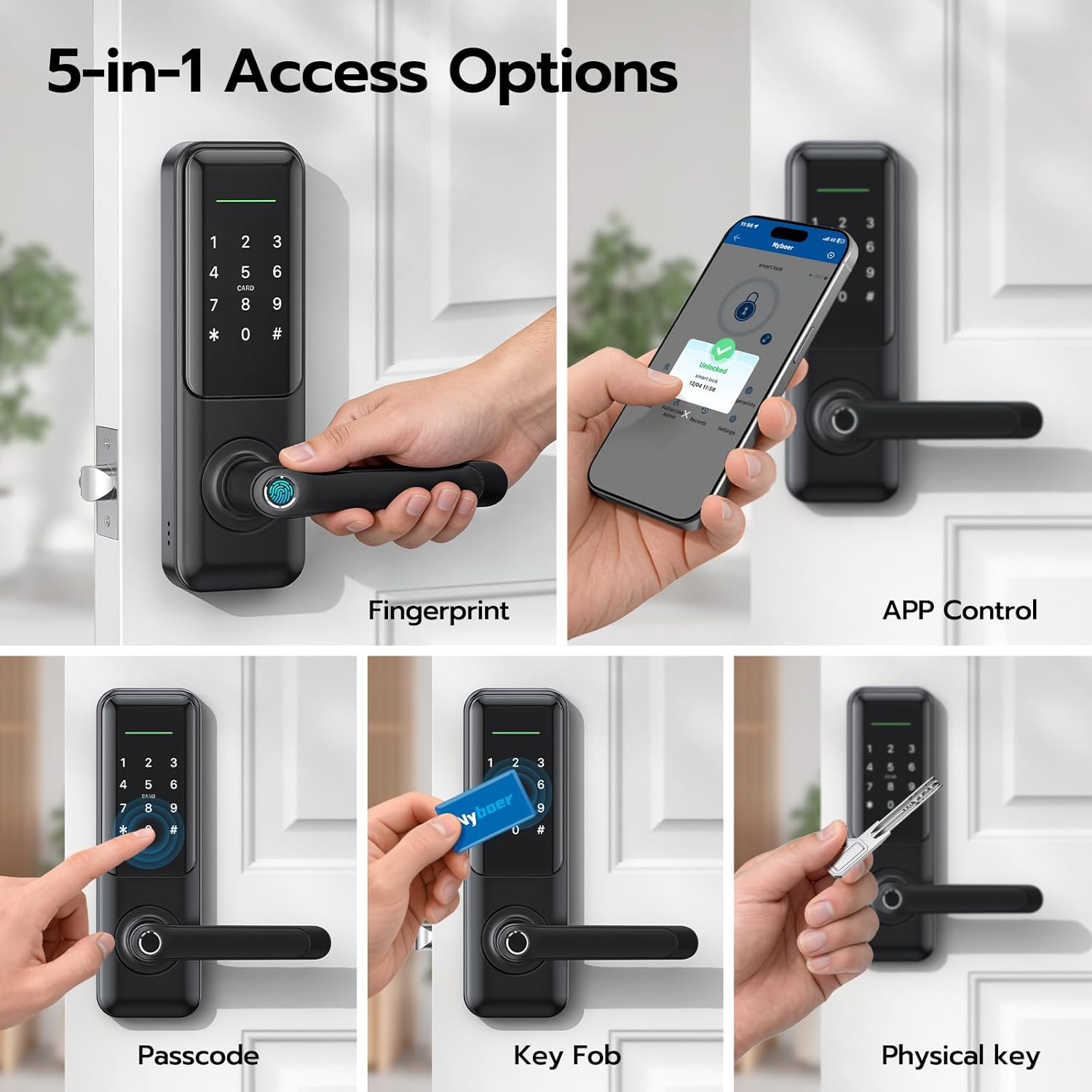 Fingerprint Smart Door Lock with Handle: Keyless Entry Keypad Lock for Front Door, Nyboer Electronic Digital Lock, Lockset Replacement for Exterior Doors