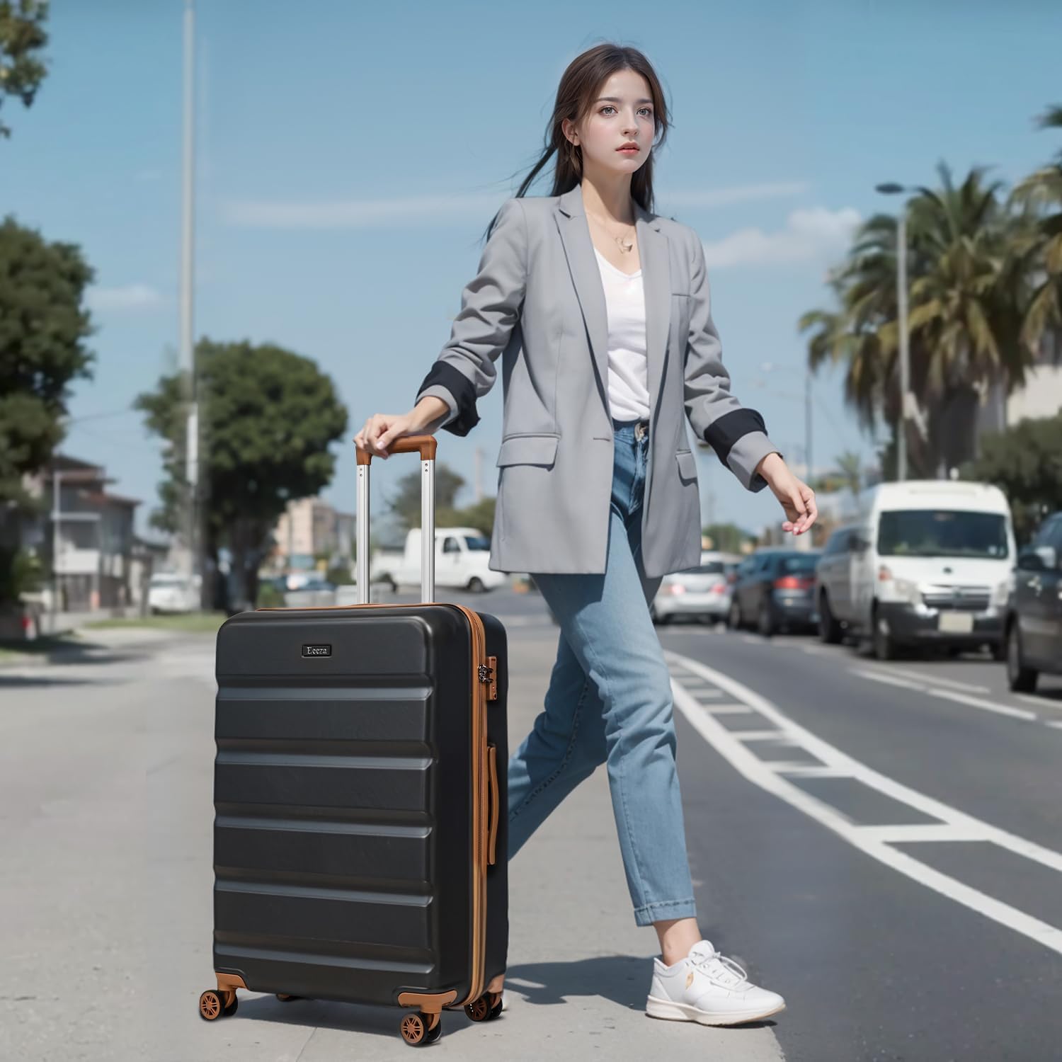 Eeeza Luggage Sets 5 Piece,Hard Case Suitcase Set with Spinner Wheels,Hardshell Lightweight Travel Luggage with TSA Lock (Black,20/24/28 Inch)