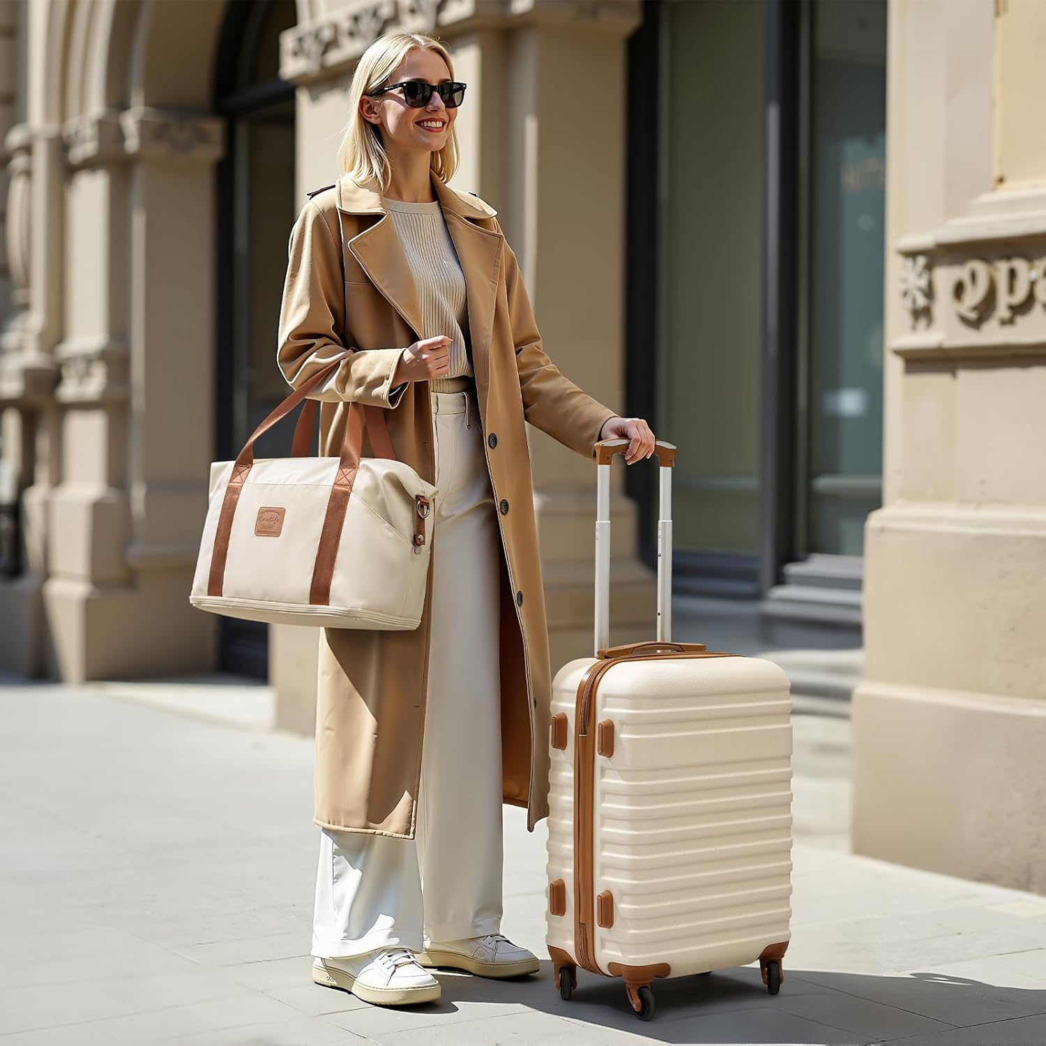 COOLIFE Luggage Carry On Luggage Suitcase Softside Wheeled Luggage Lightweight Rolling Travel Bag, White, 3 Piece Set (DB/TB/20), Luggage Set with Bags