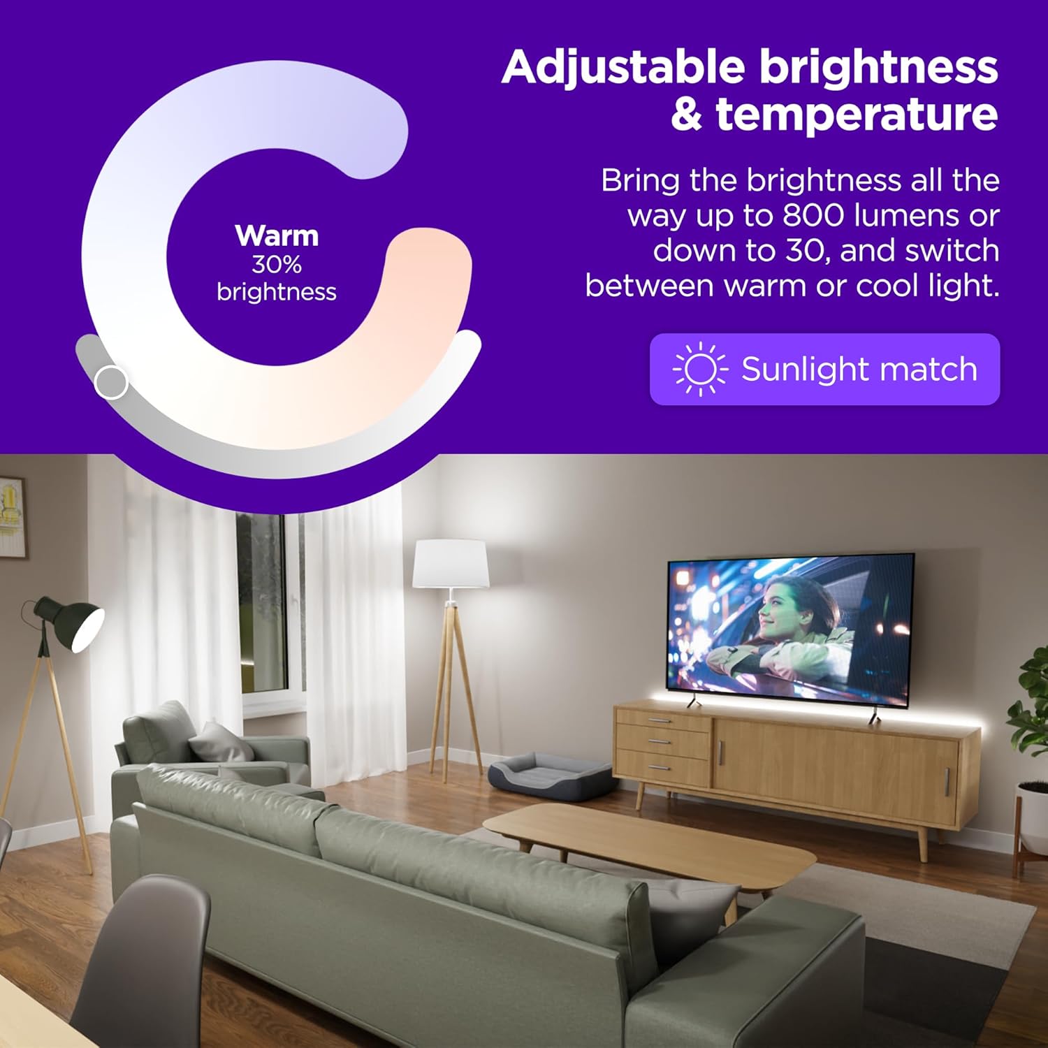 Alternative view of Roku Smart Light Bulbs (White, 4-Pack) - Dimmable A19 Lightbulbs with Adjustable Brightness & Temperature - WiFi Smart Bulbs Works with Roku Voice, Alexa & Google Assistant, No Hub Required