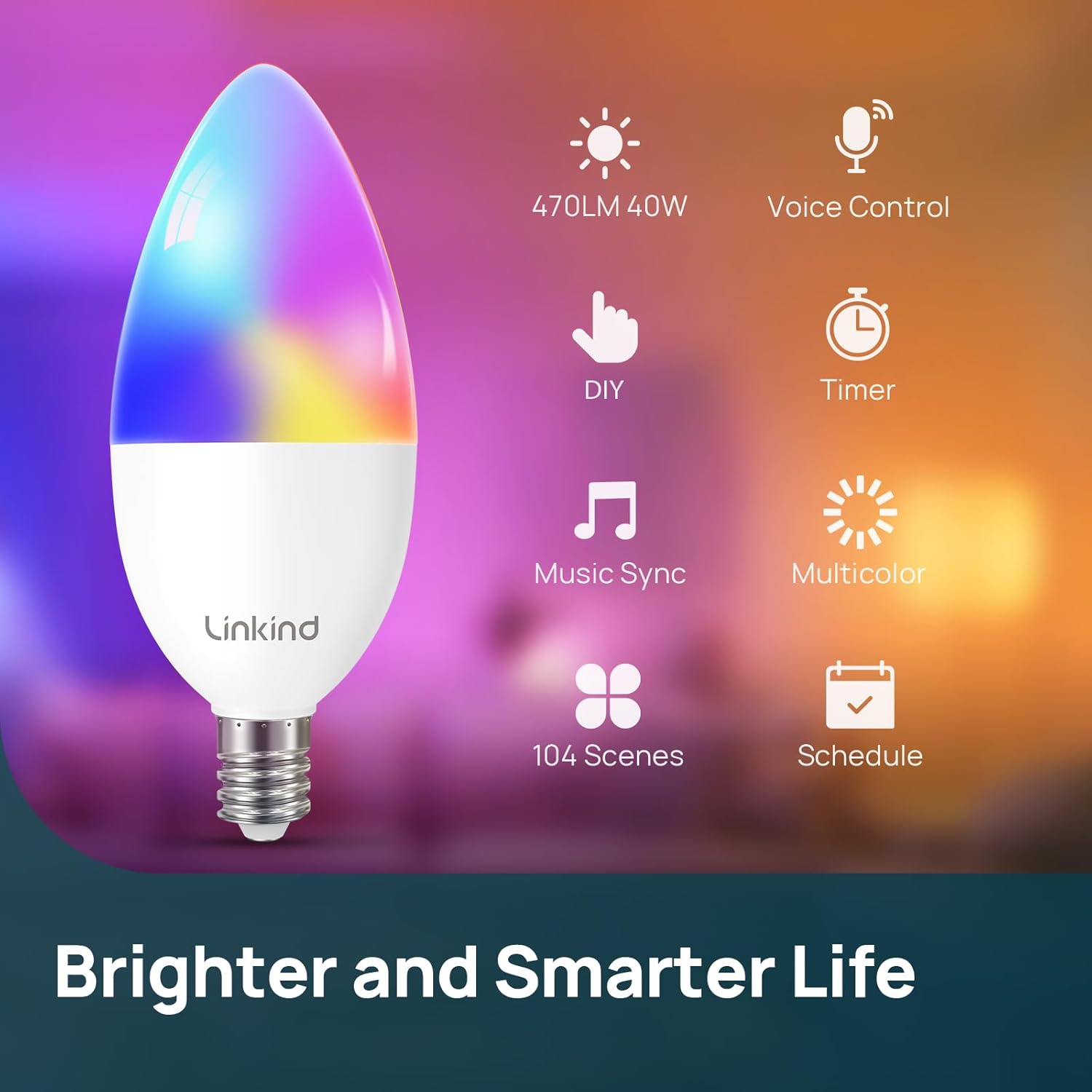 Alternative view of Linkind Matter Smart Bulbs, E12 Led Bulb Works with Alexa/Apple Home/Google Home, Smart Light Bulbs, WiFi Candelabra B11 Bulbs, RGBTW Color Changing Light Bulb, 2.4Ghz WiFi Bulb, 470 LM 4 Pack