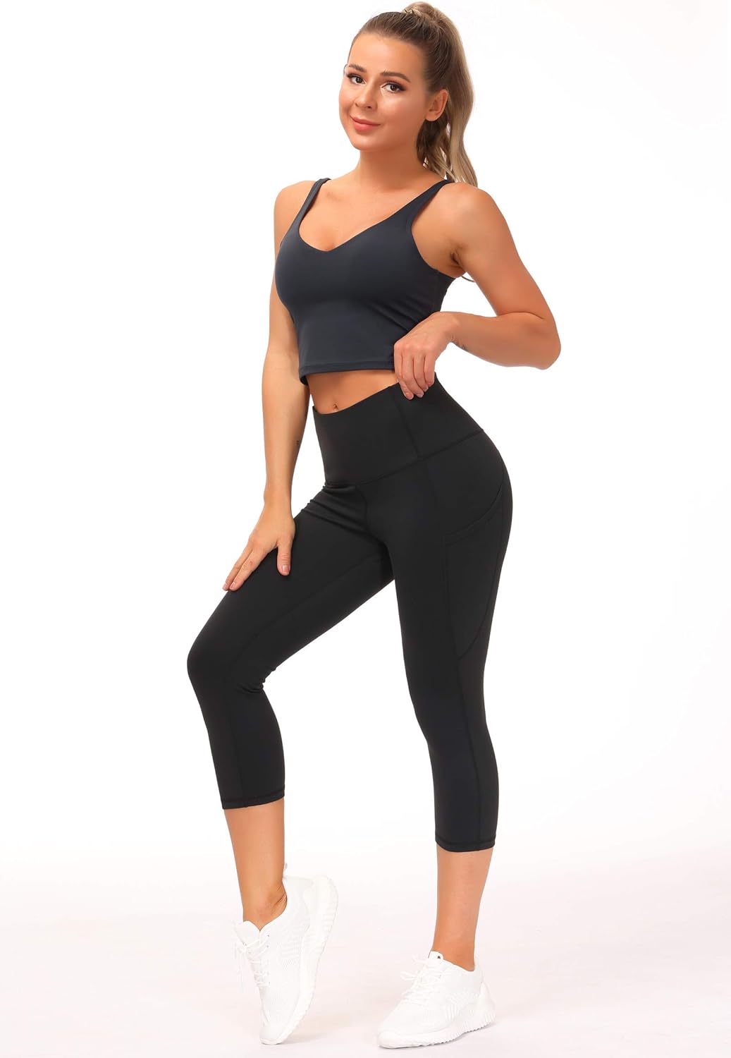 THE GYM PEOPLE Thick High Waist Capris Yoga Pants with Pockets, Tummy Control Workout Running Yoga Leggings for Women