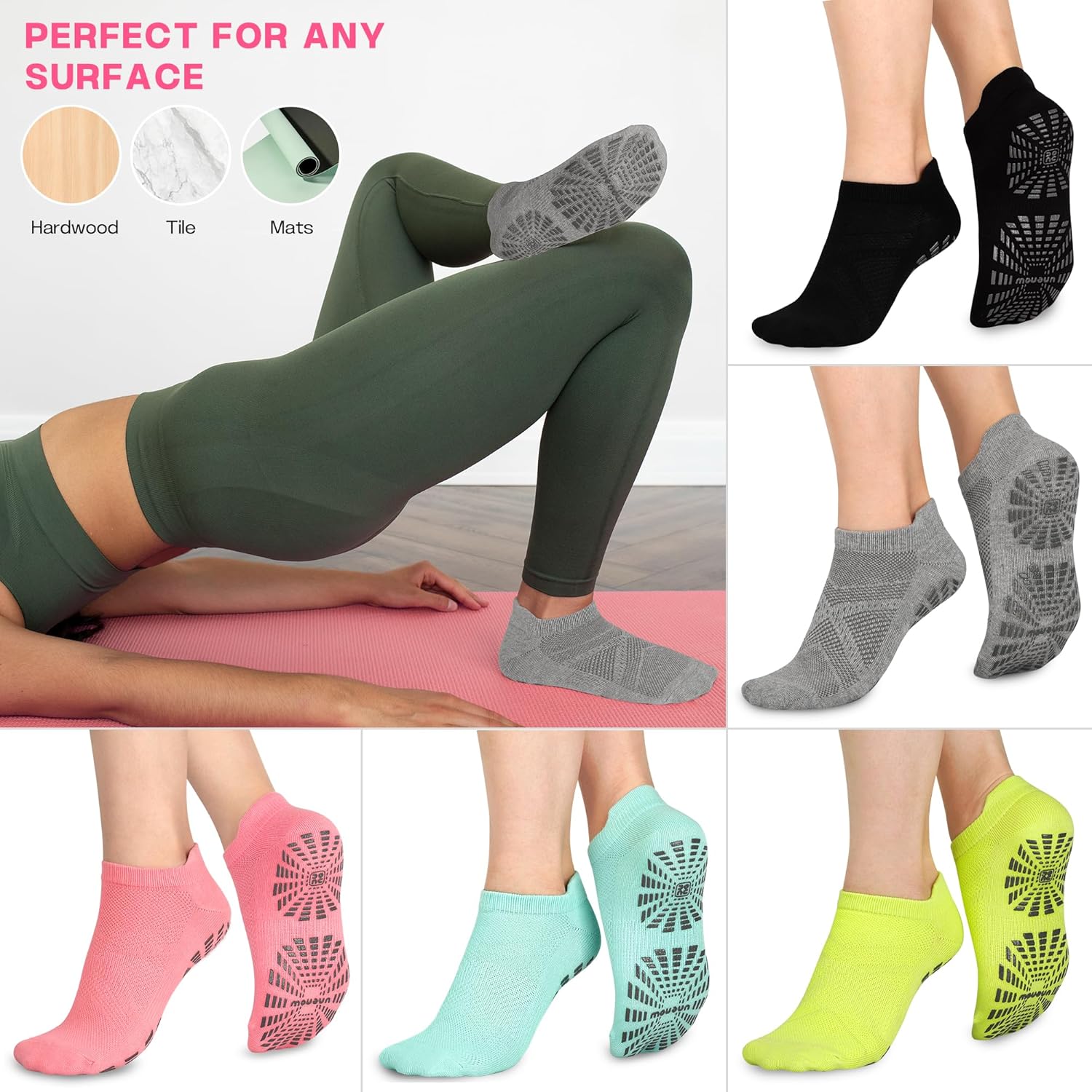 unenow 5 Pairs Pilates Socks for Women Non Slip Socks with Grips for Yoga Hospital Barre Barefoot