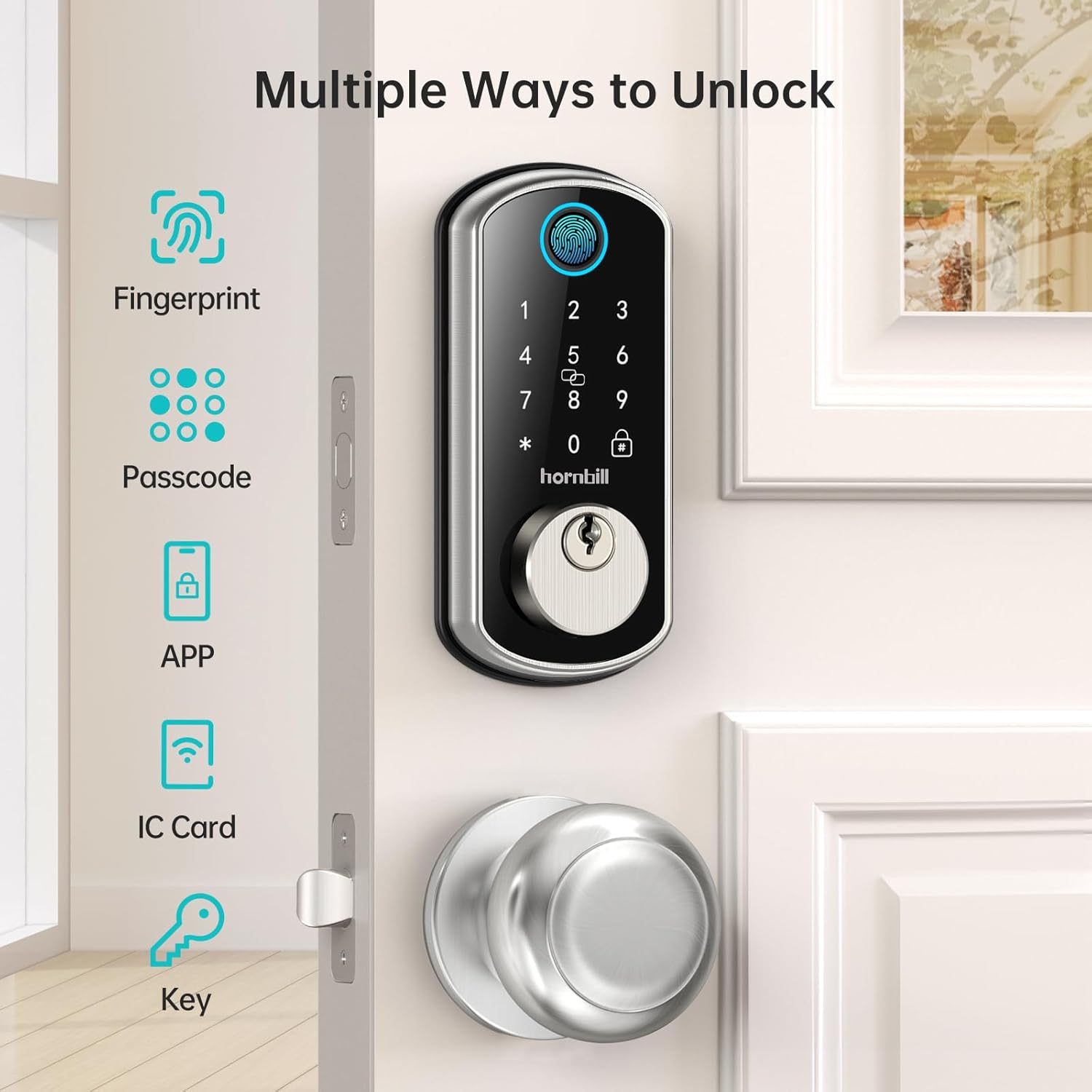 WiFi Keyless Entry Door Lock with Handle : Hornbill Silver Smart Front Door Lock,Front Door Handle Set,Smart Door Knob, Electronic Keypad Deadbolt Set with Alexa Auto Lock for Home