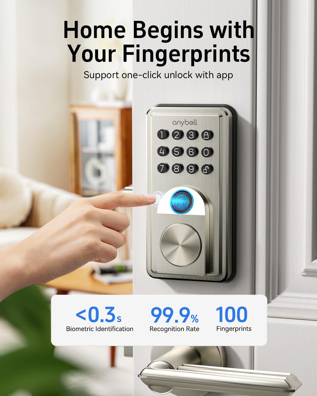 Smart Door Lock, Anybell Fingerprint Door Lock Keyless Entry with Electronic Keypad Deadbolt, App Control, Auto Lock, Biometric Lock for Front Door, Hotel & Office