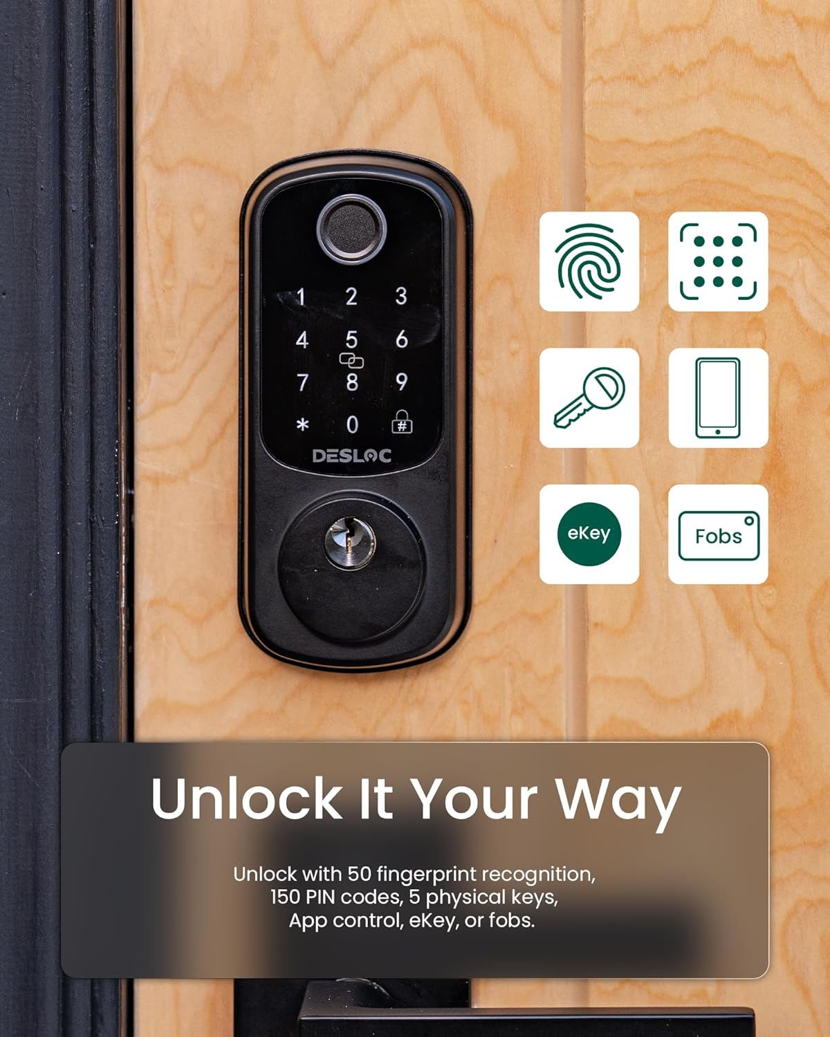 DESLOC Smart Door Lock B200, Smart Deadbolt Lock, Keyless Entry Door Lock, Fingerprint Smart Lock, Smart Locks for Front Door, App Control, Touchscreen Keypad Deadbolts,12-Month Battery, BHMA Grade3