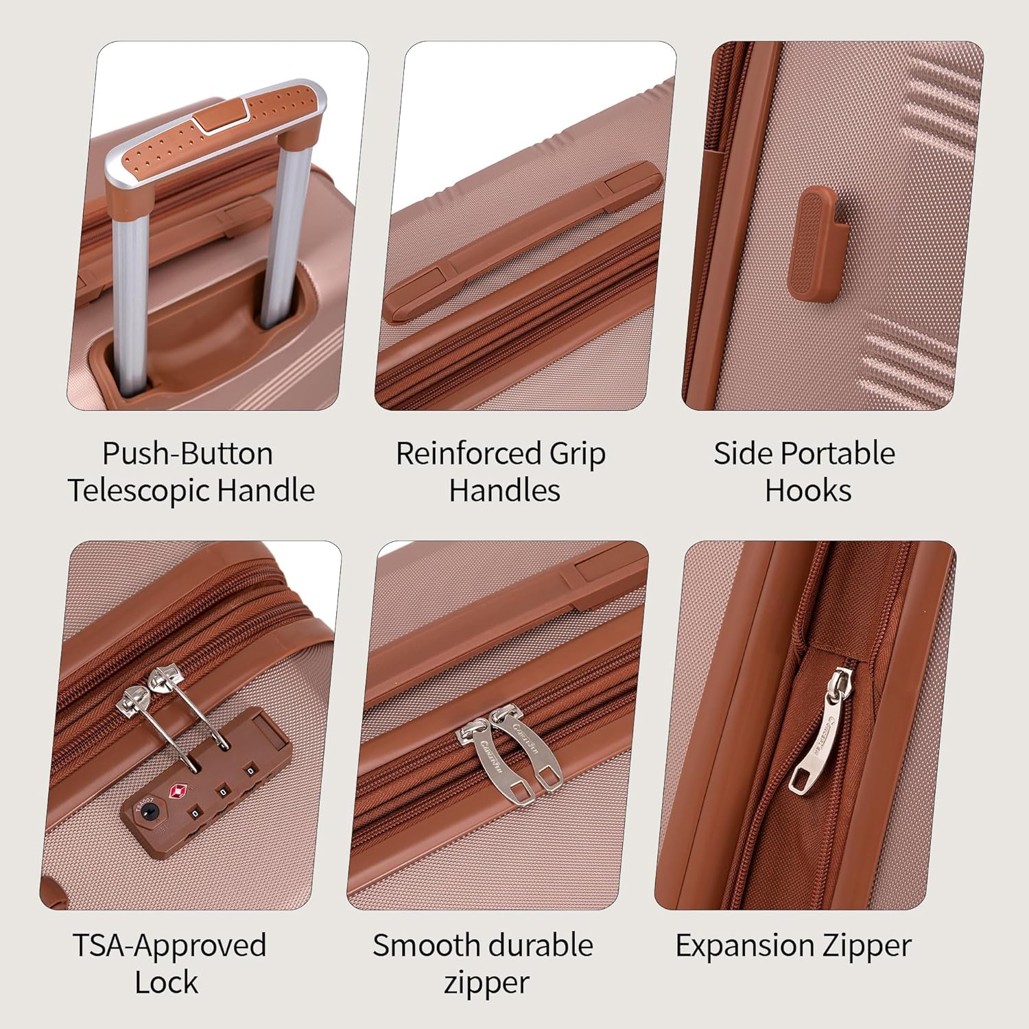 CONCEPTEN Expandable Luggage Sets 5 Piece, Hard Case Suitcase Set with Spinner Wheels,22x14x9 Airline Approved Carry on,Lightweight Durable Suitcase with TSA Lock (Champagne Gold) - Image 5