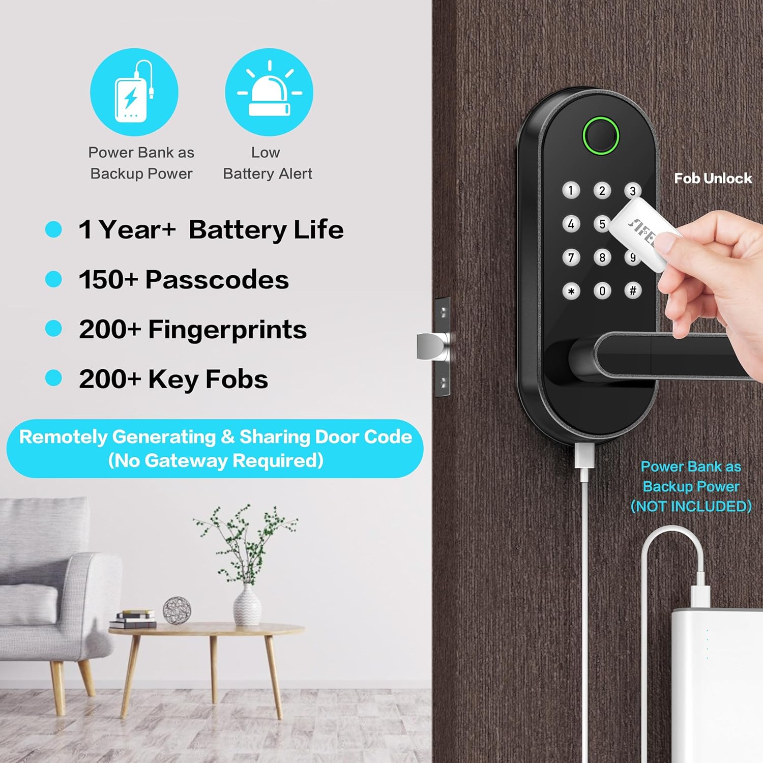 Alternative view of Fingerprint Smart Door Lock with Handle & Keypad u2013 Bluetooth Keyless Entry for Front Door, Home, Kids, Guests, Airbnb & Rental, App + Code Access, Compatible with Alexa & Google, Easy DIY Install