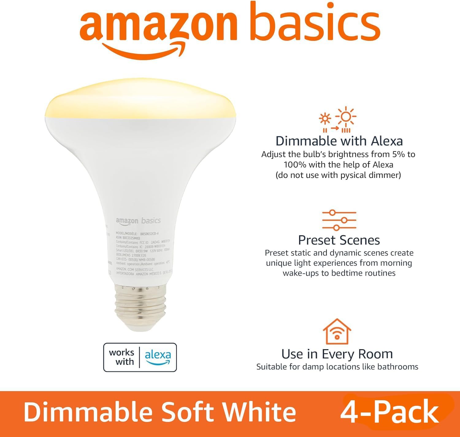 Alternative view of Amazon Basics Smart BR30 LED Light Bulb, Dimmable Soft White (2700K), 9W (60W Equivalent), 800LM, Works with Alexa Only, 2.4 GHz Wi-Fi, No Hub Required, 4 Pack