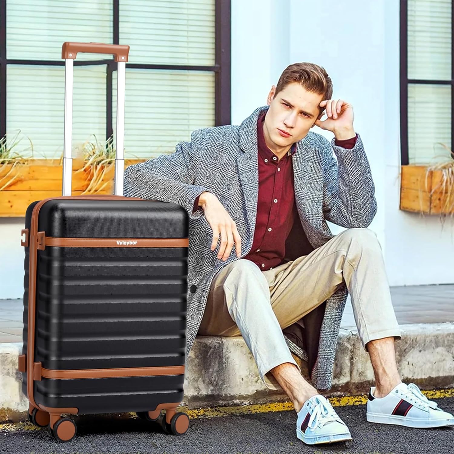 Velaybor Luggage Sets 3 Piece with Spinner Wheels, Lightweight PC Hardside Suitcase with TSA Lock & YKK Zippers, 20 Inch Carry On Luggage with Travel Bag for Men and Women, Black