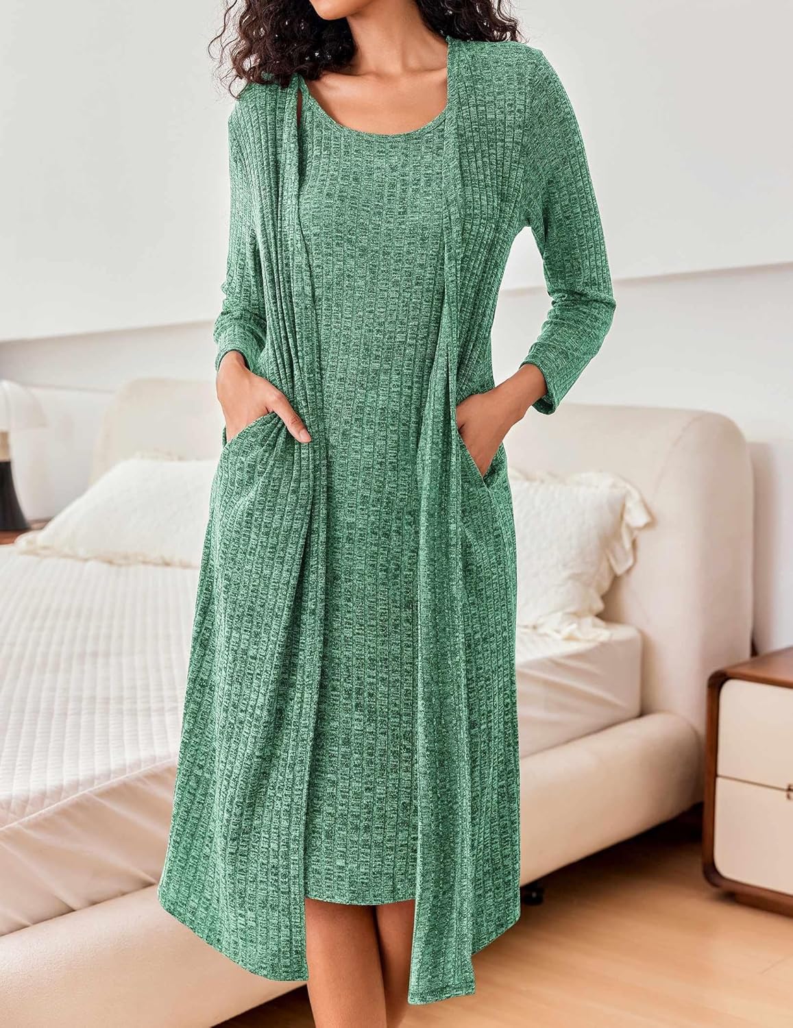 EKOUAER Womens Knit Robe Set 2 Piece Nightgown with Robes Long Sleeves Lounge Sets with Pockets S 3XL