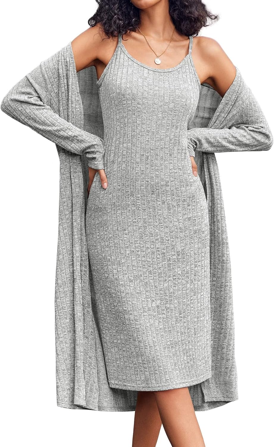 EKOUAER Womens Knit Robe Set 2 Piece Nightgown with Robes Long Sleeves Lounge Sets with Pockets S 3XL - Image 5