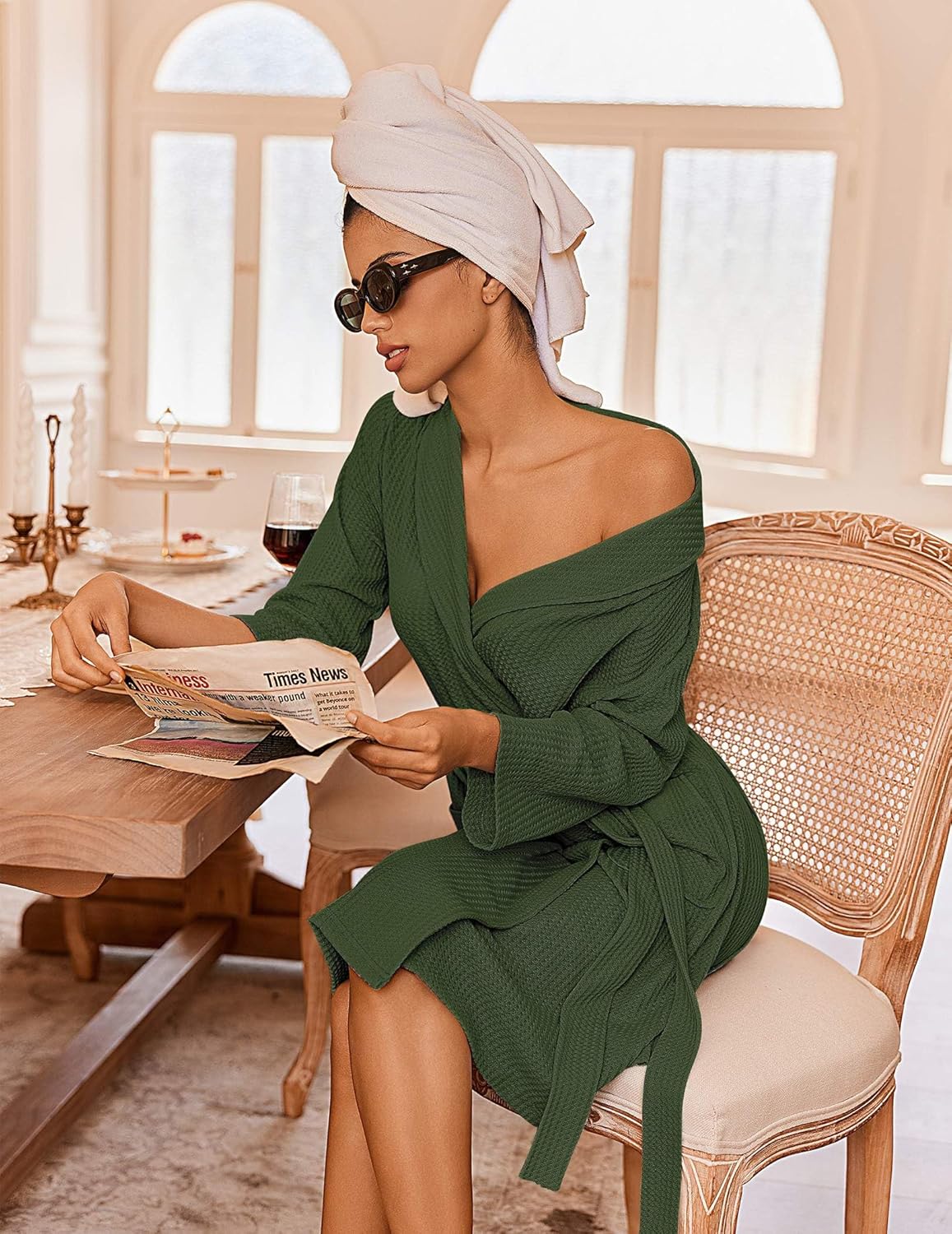 Ekouaer Robes for Women Waffle Knit Bathrobe Lightweight Kimono Robe Knee Length Loungewear with Pockets - Image 3