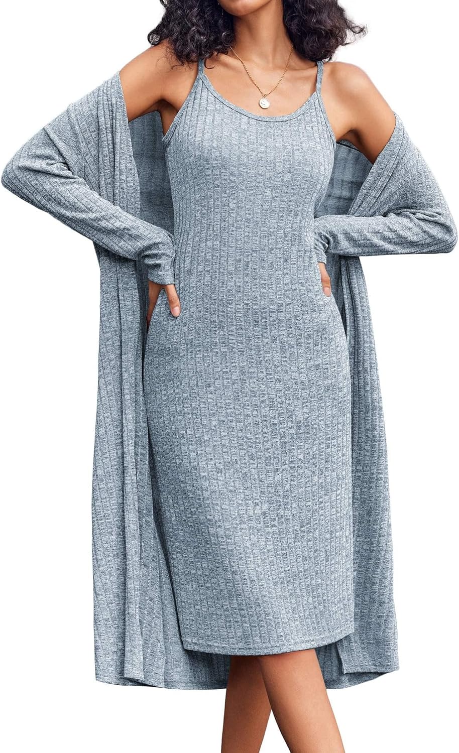 EKOUAER Womens Knit Robe Set 2 Piece Nightgown with Robes Long Sleeves Lounge Sets with Pockets S 3XL - Image 7