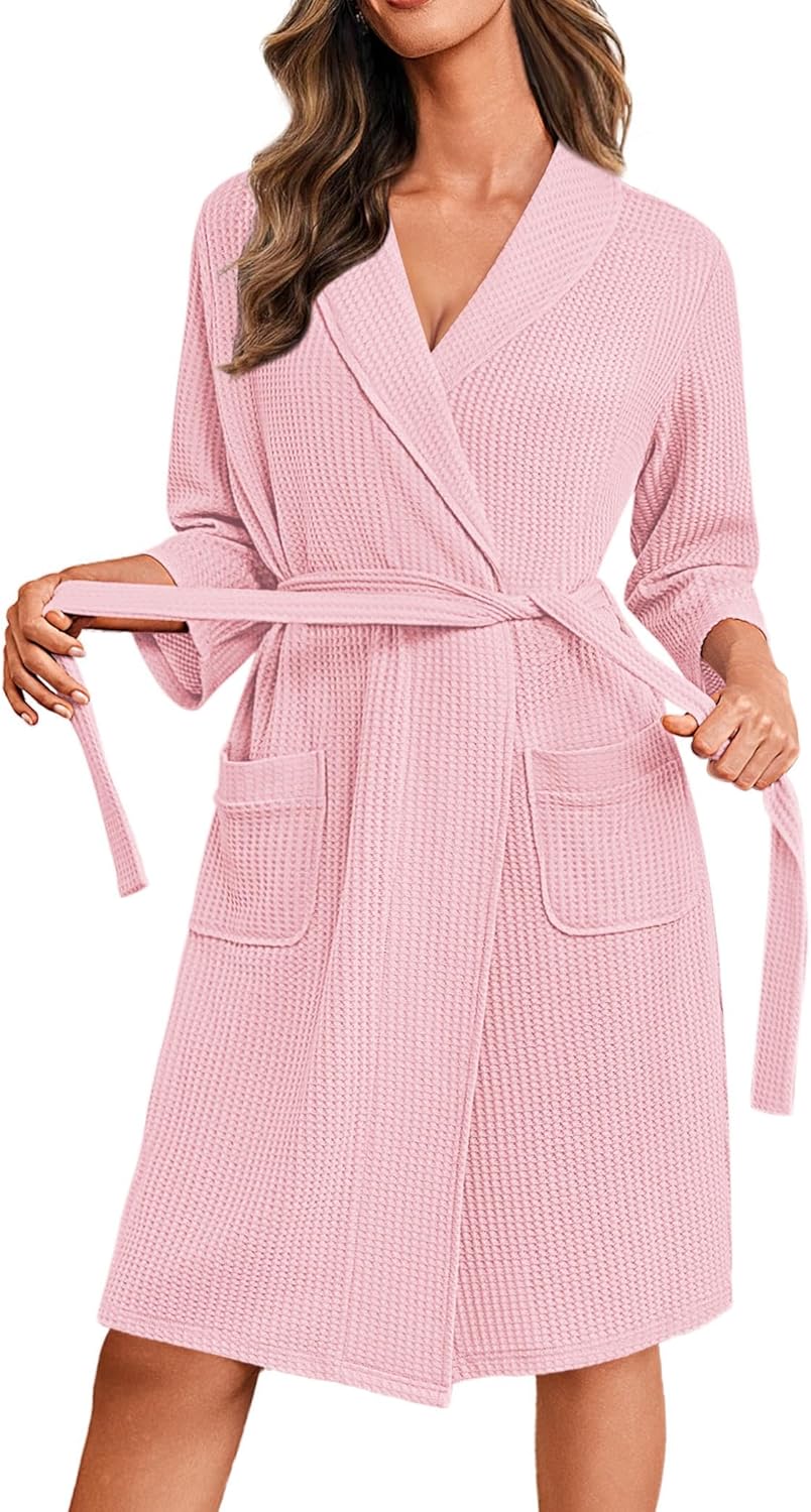 Ekouaer Robes for Women Waffle Knit Bathrobe Lightweight Kimono Robe Knee Length Loungewear with Pockets - Image 5