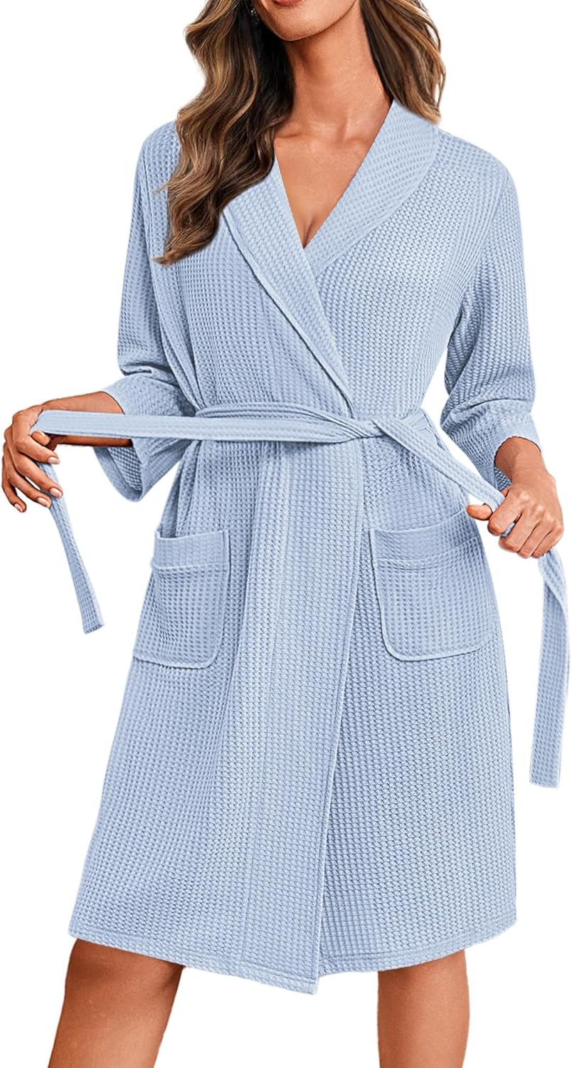 Ekouaer Robes for Women Waffle Knit Bathrobe Lightweight Kimono Robe Knee Length Loungewear with Pockets - Image 6