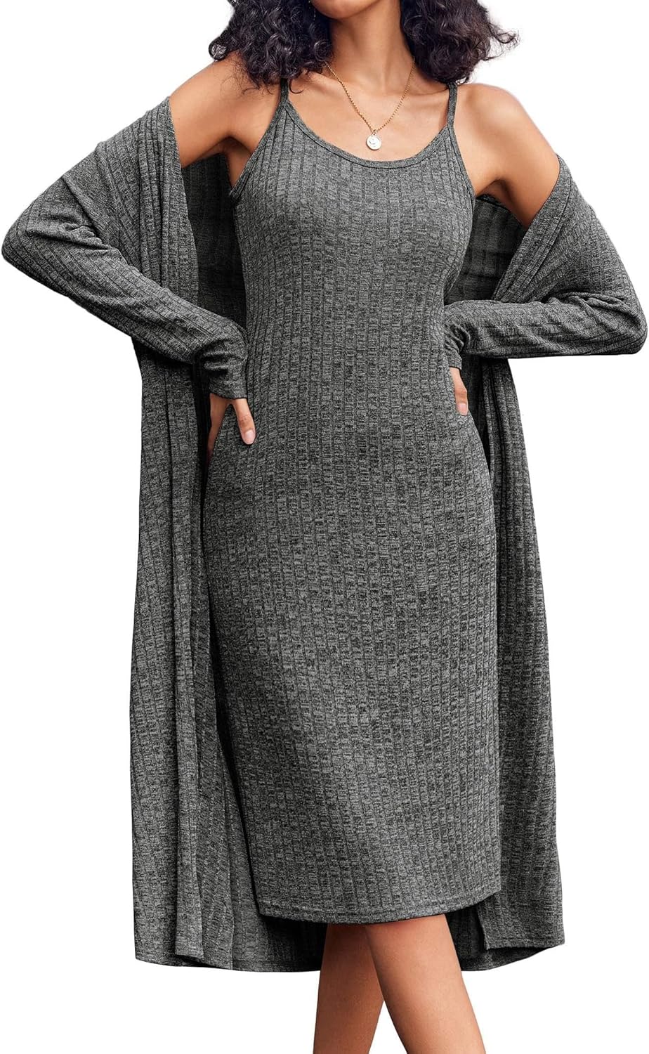 EKOUAER Womens Knit Robe Set 2 Piece Nightgown with Robes Long Sleeves Lounge Sets with Pockets S 3XL - Image 8