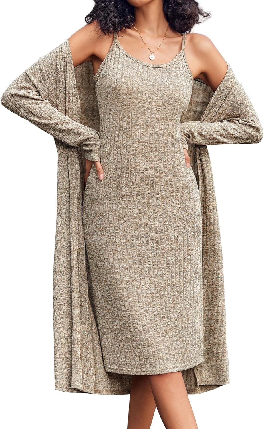 EKOUAER Womens Knit Robe Set 2 Piece Nightgown with Robes Long Sleeves Lounge Sets with Pockets S 3XL - Image 9
