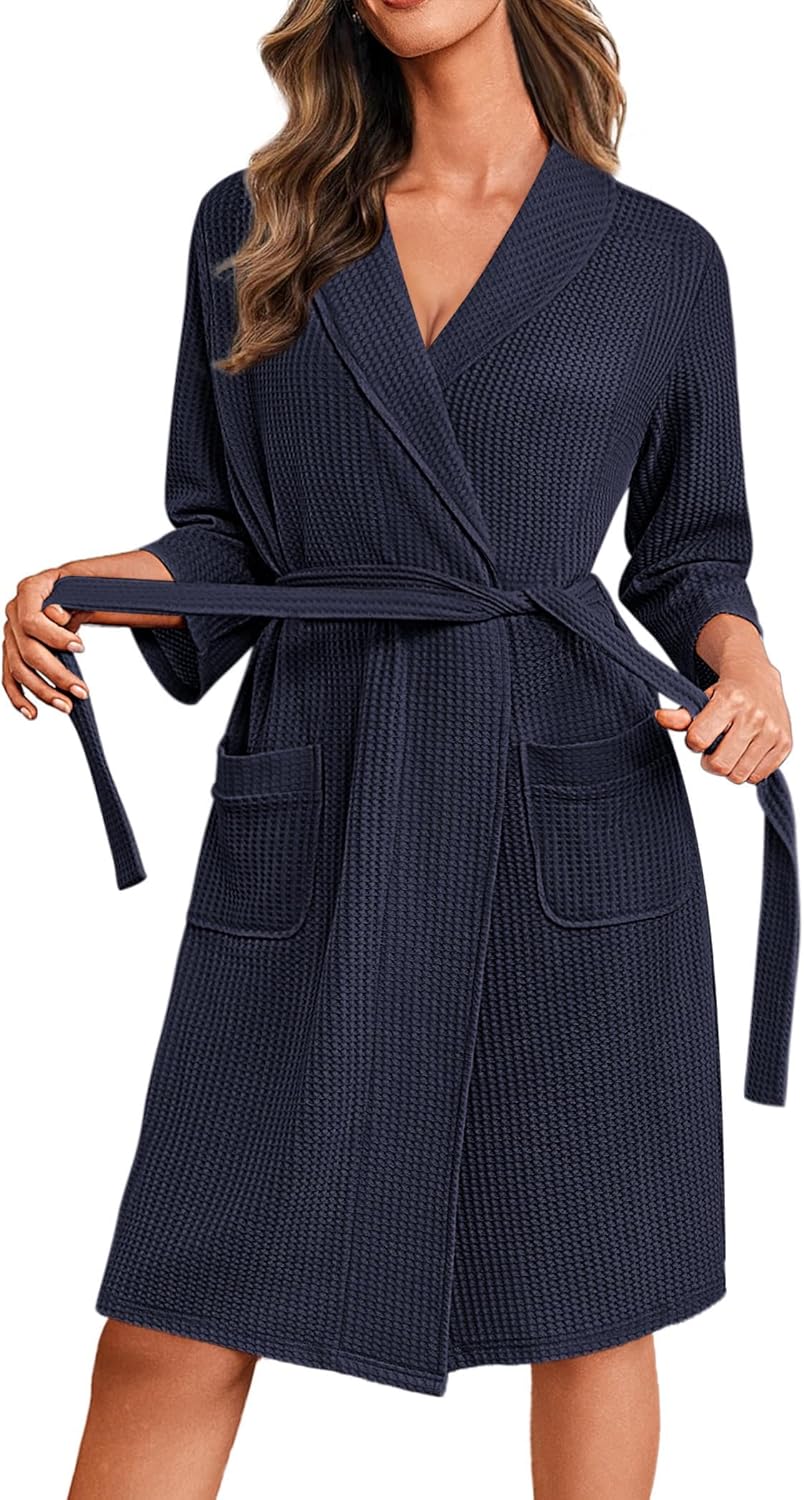 Ekouaer Robes for Women Waffle Knit Bathrobe Lightweight Kimono Robe Knee Length Loungewear with Pockets - Image 9
