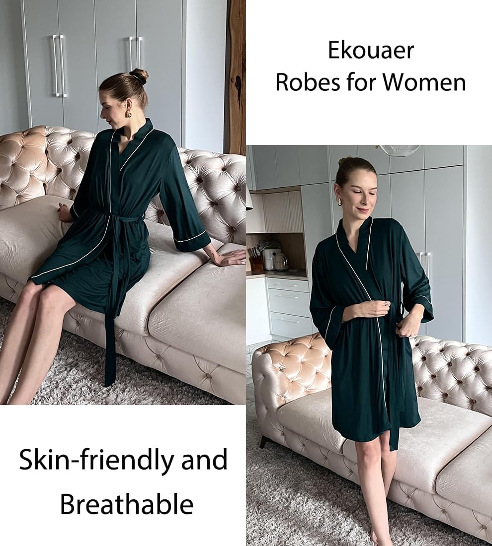Alternative view of Ekouaer Women Kimono Robes Knee Length Knit Bathrobe Lightweight Soft Sleepwear V-neck Casual Ladies Loungewear