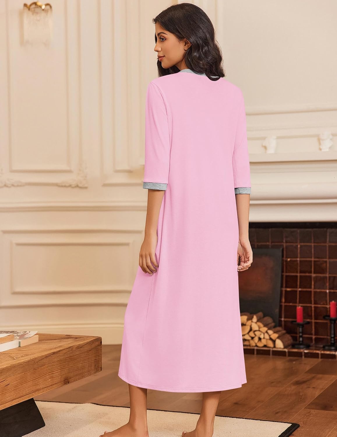 Ekouaer Women's Zipper Robe 3/4 Sleeves Housecoat Full Length Nightgown Soft Loungewear Robe with Pockets S-3XL - Image 3